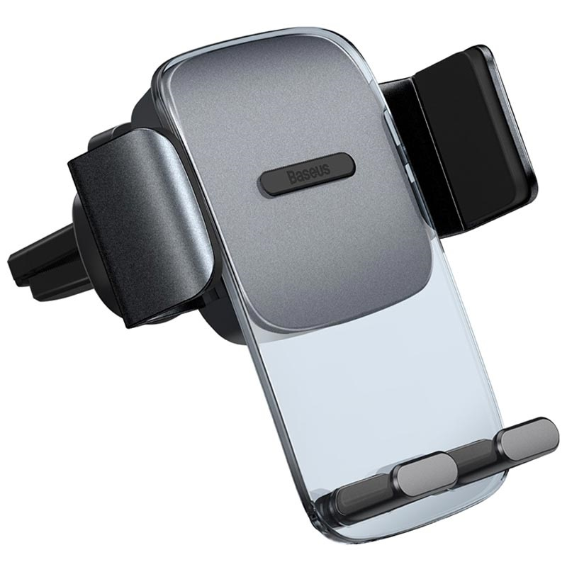 Siyah ve gri araba telefon tutucu, 'Baseus' logosu ile beyaz zemin üzerinde.