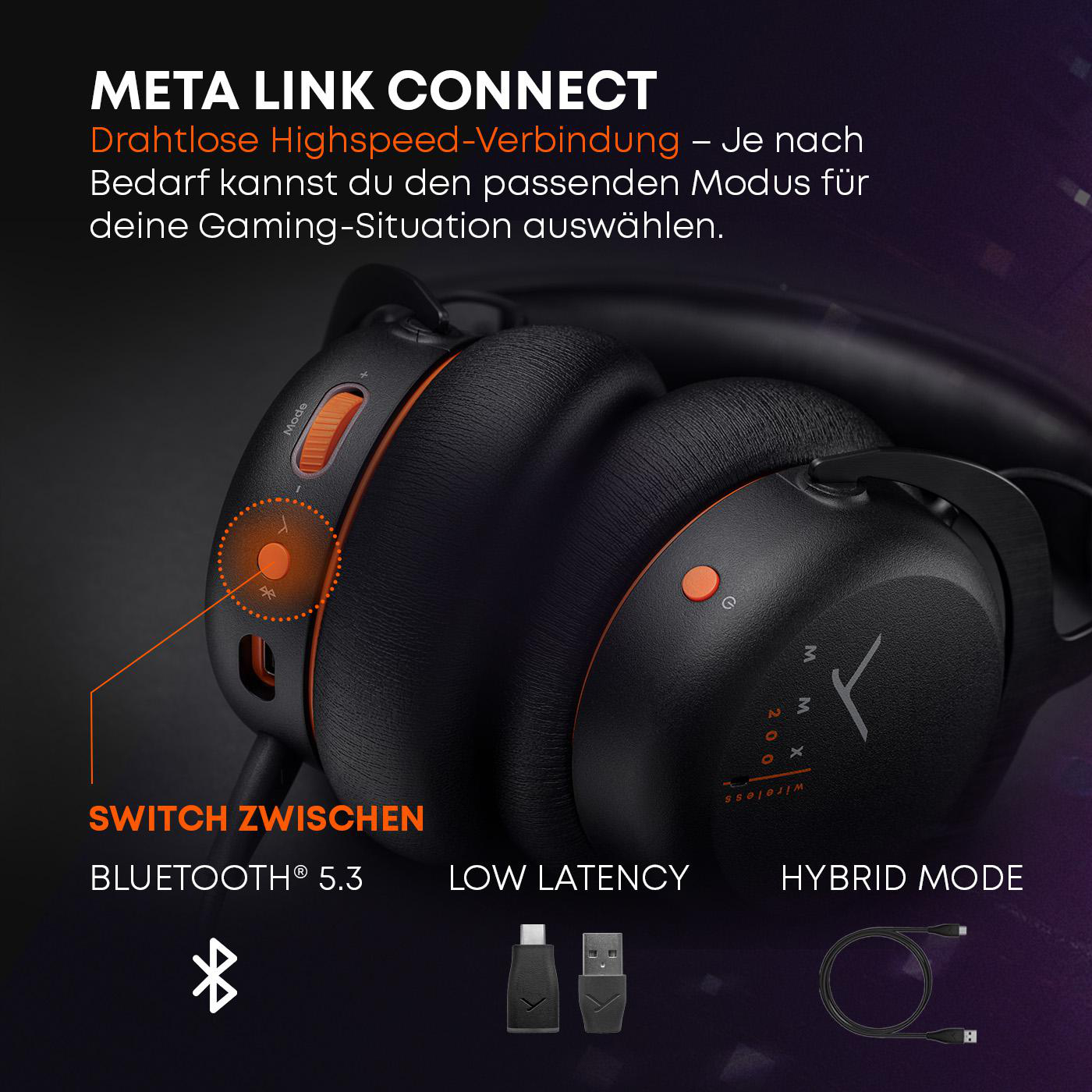 Schwarze und orangefarbene Kopfhörer mit Text, der Bluetooth, geringe Latenz und Hybridmodi anzeigt.