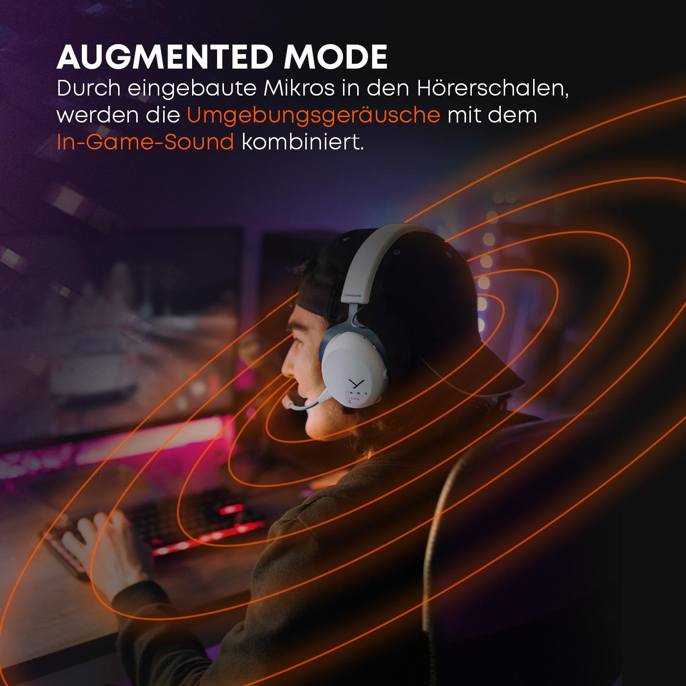 Eine Person mit Kopfhörern, mit orangefarbenen Schallwellen-Grafiken, spielt Videospiele auf dunklem Hintergrund.