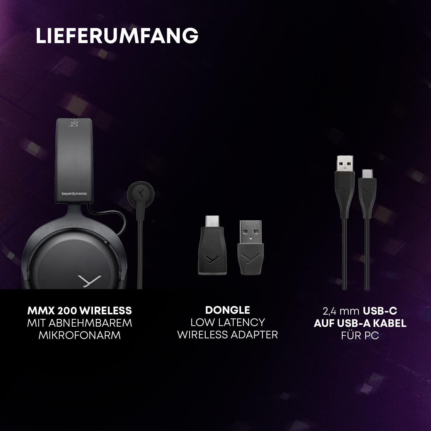 Schwarze Kopfhörer, Dongle und USB-C-Kabel mit Text. Alles auf dunklem Hintergrund.