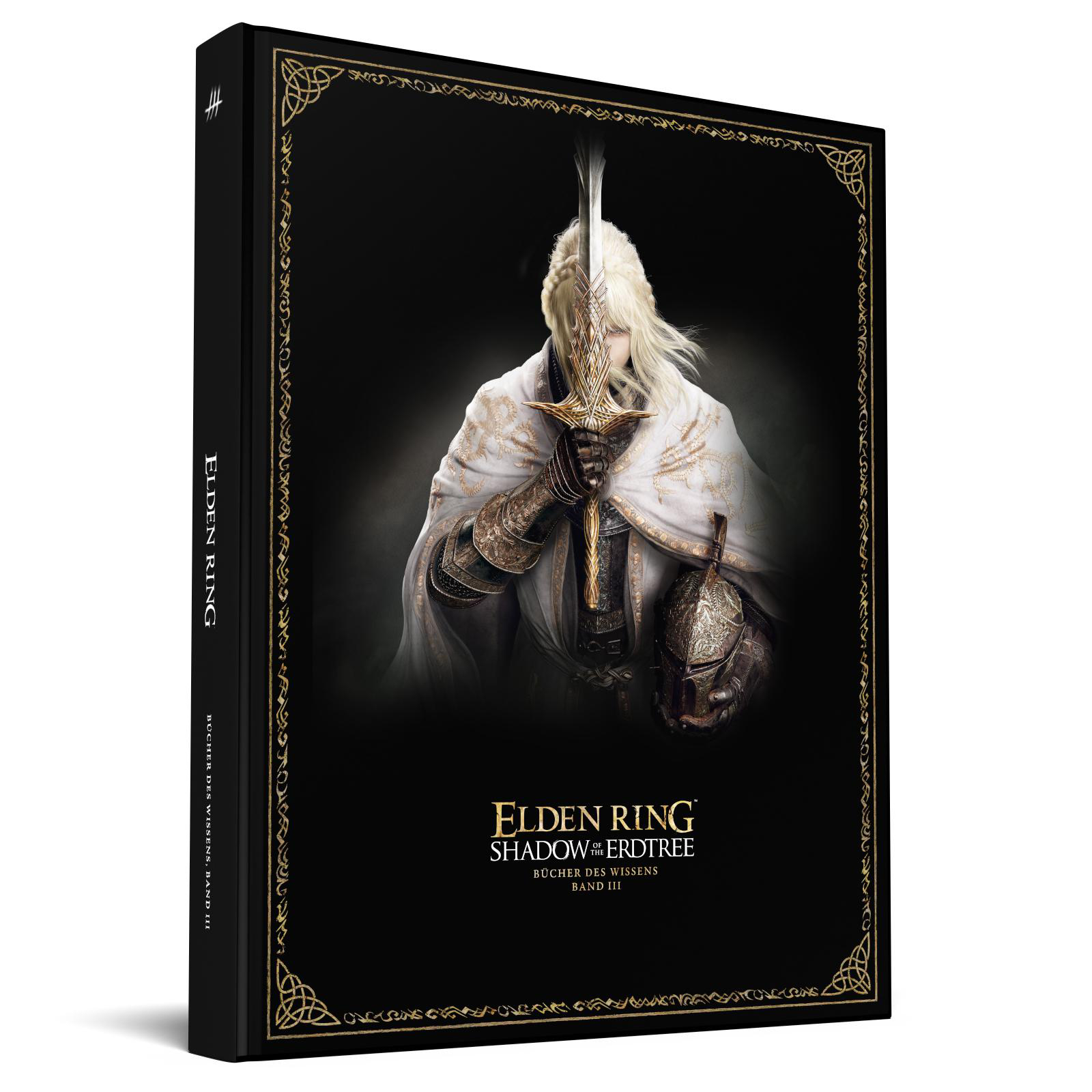 Ein Buch mit dem Titel 'Elden Ring Shadow of the Erdtree' mit einer Illustration einer Figur, die ein Schwert hält.