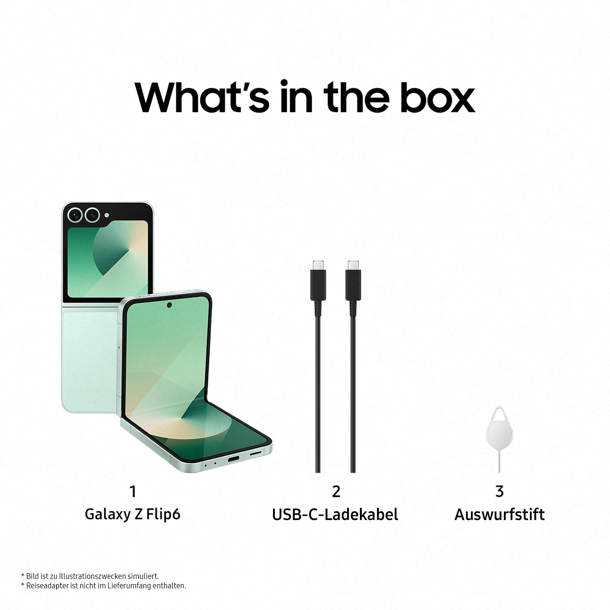 Was ist in der Box: Samsung Galaxy Z Flip6 und Zubehör. Schwarz-grünes Farbschema.