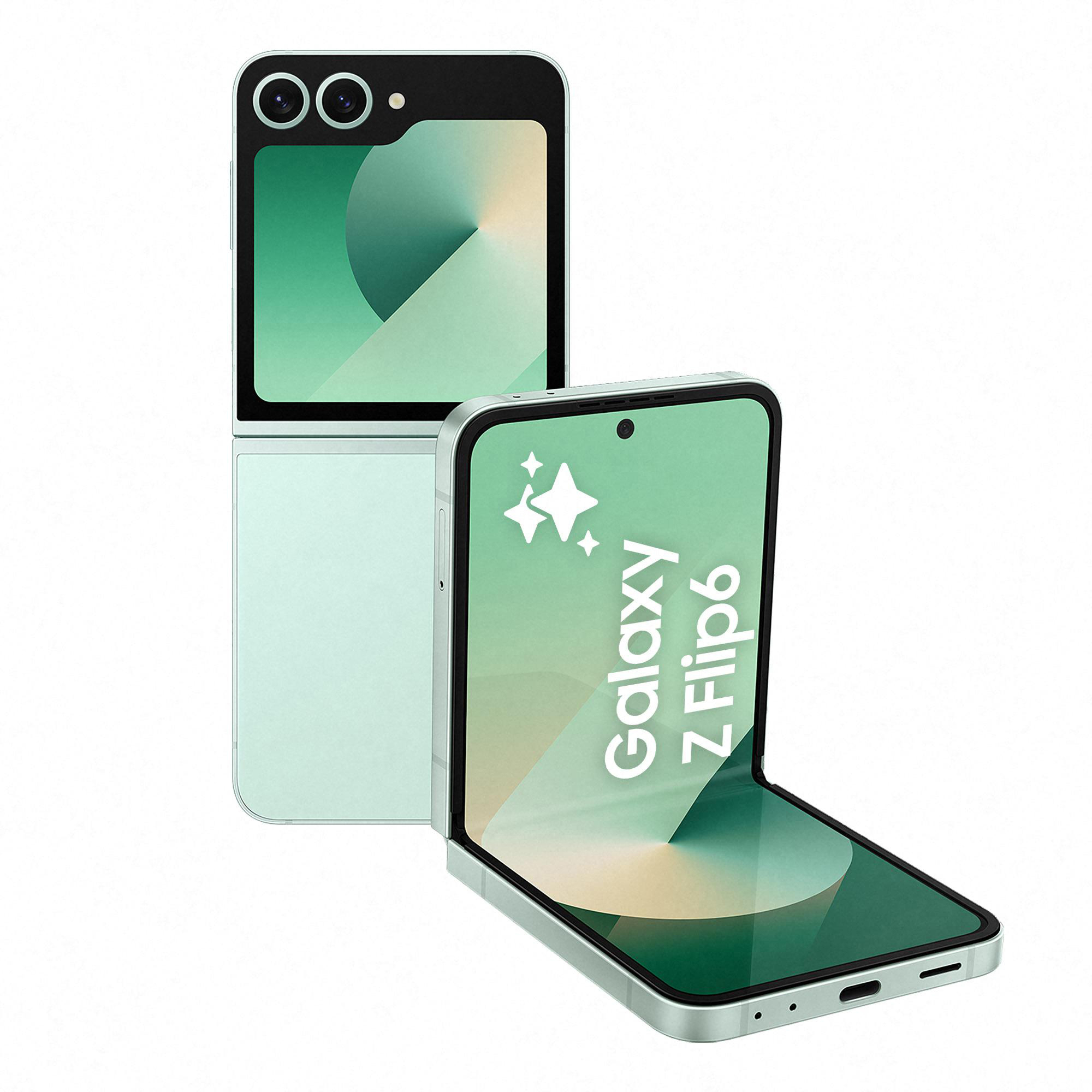Das Galaxy Z Flip6 Telefon, geöffnet und geschlossen, in hellgrüner Farbe. Weißer Hintergrund.