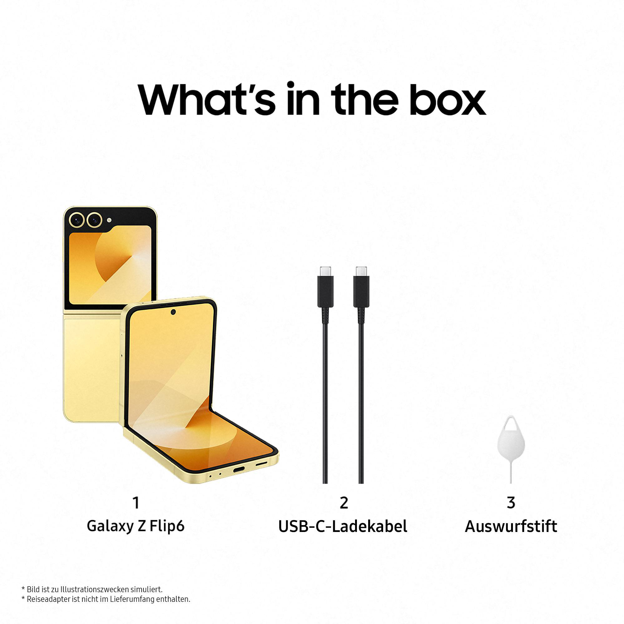 Ein Bild 'Was ist in der Box' zeigt ein gelbes Galaxy Z Flip6, ein USB-C-Kabel und ein SIM-Auswurfwerkzeug.