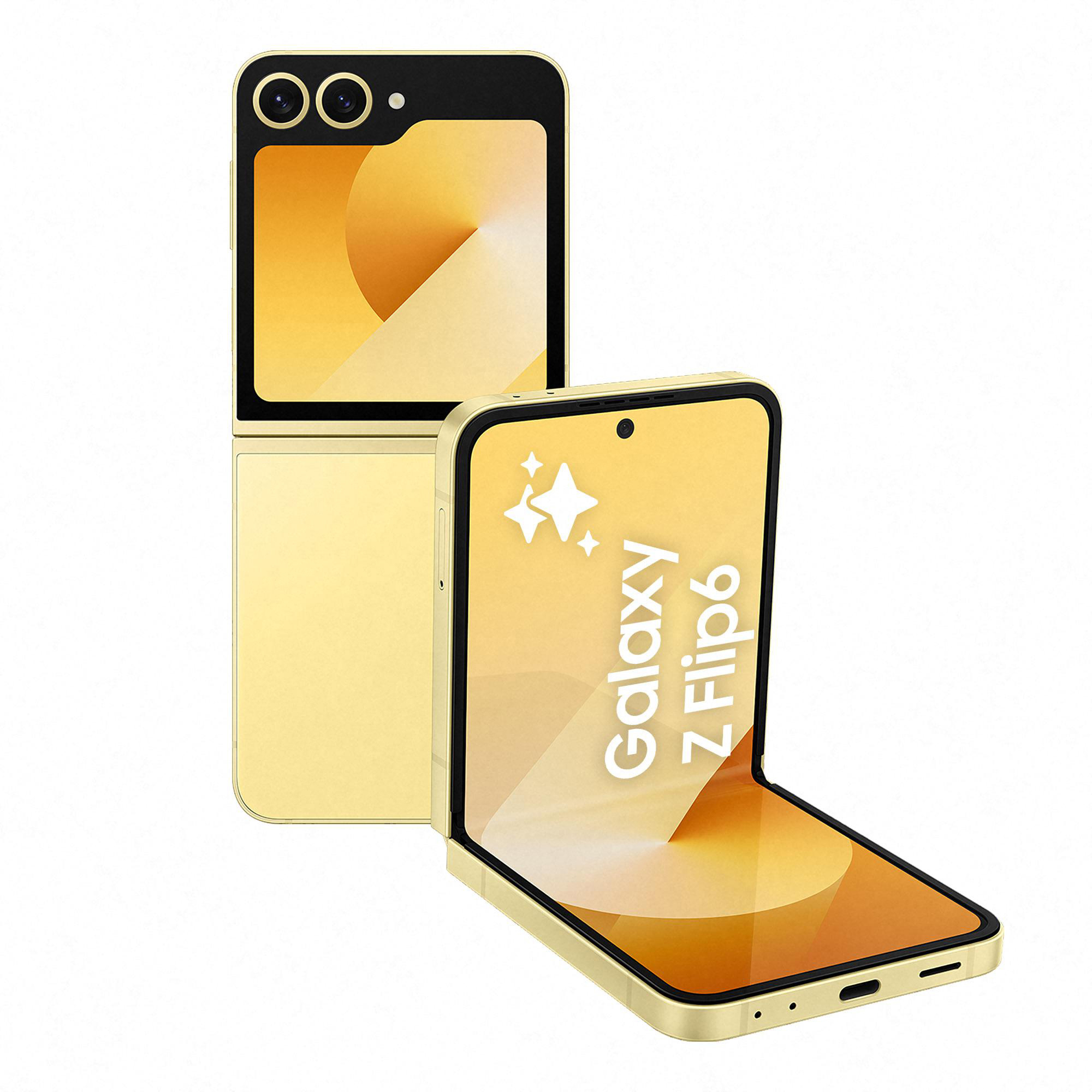 Goldenes Galaxy Z Flip 6, geöffnet und teilweise gefaltet, vor weißem Hintergrund.