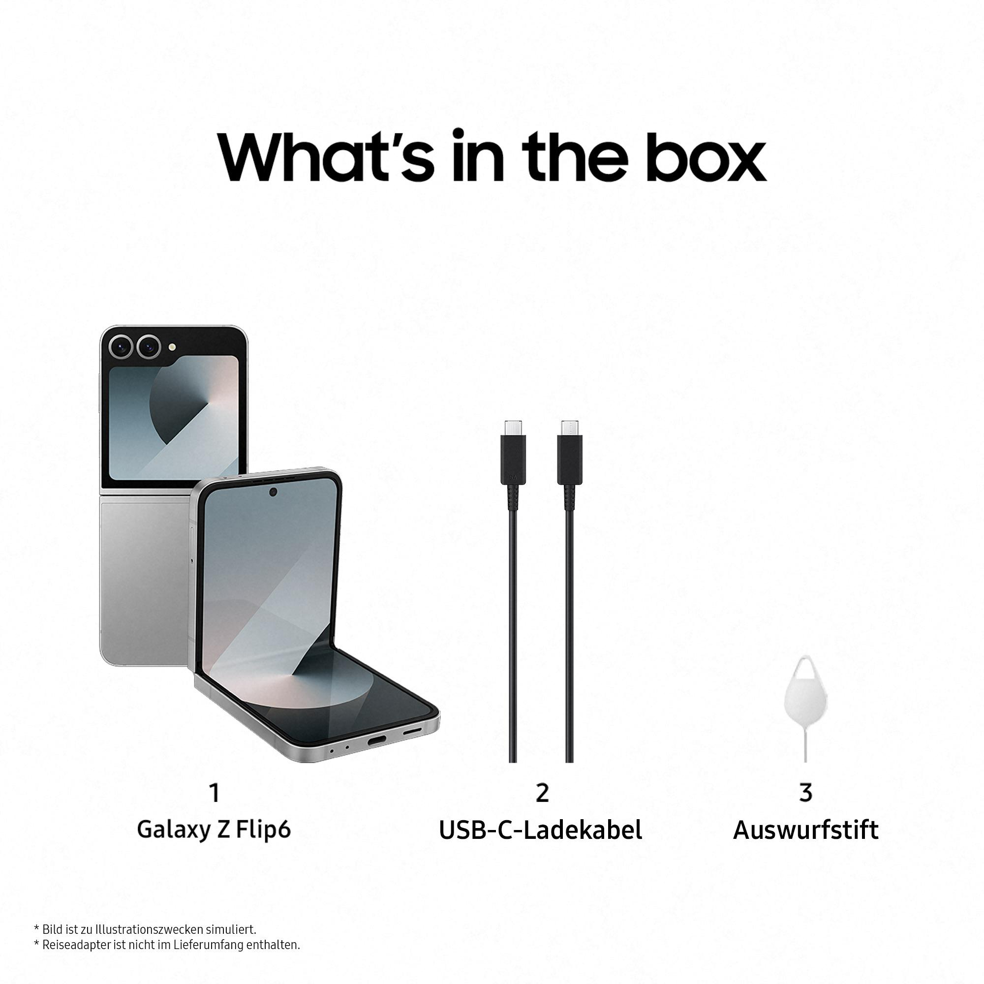 Kasteninhalt: ein gefaltetes Telefon, zwei USB-C-Kabel und ein SIM-Auswurfwerkzeug.