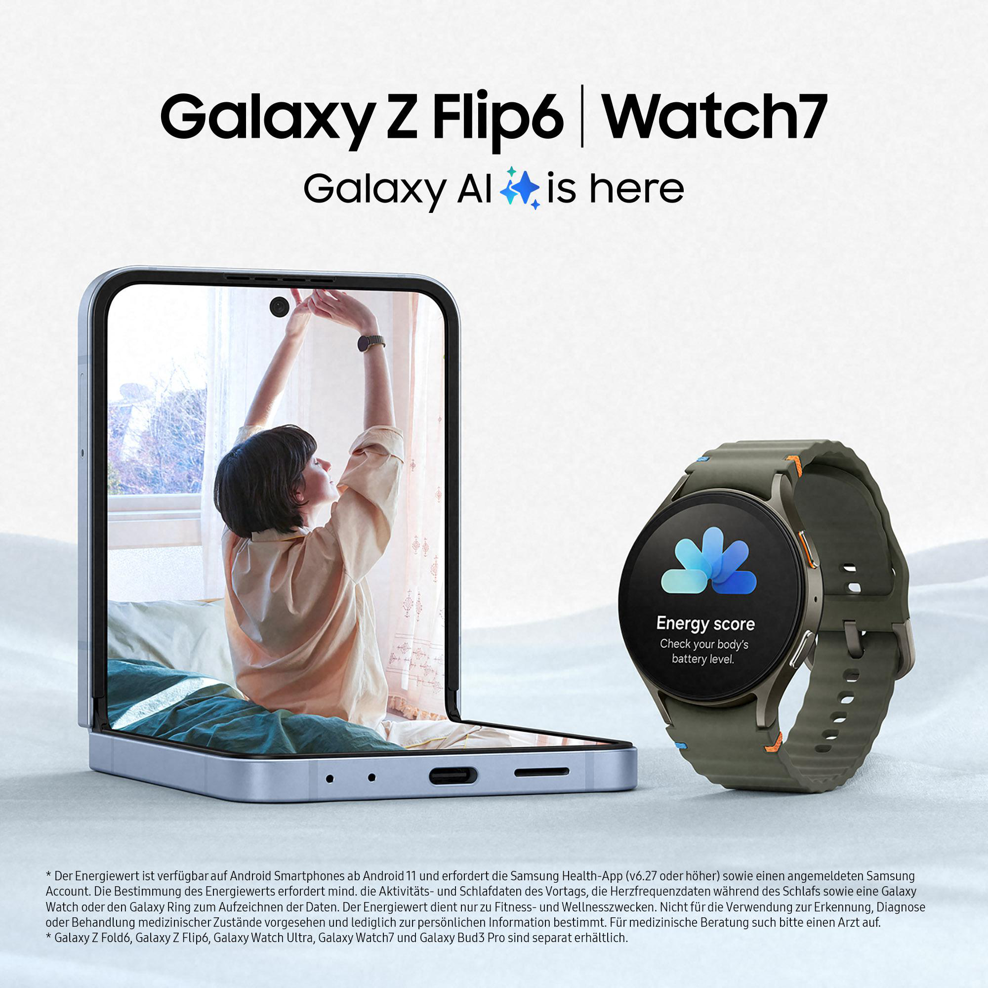 Klapphandy mit einer Yoga machenden Frau und einer Smartwatch, die den Energiestatus und den Körperlevel anzeigt.