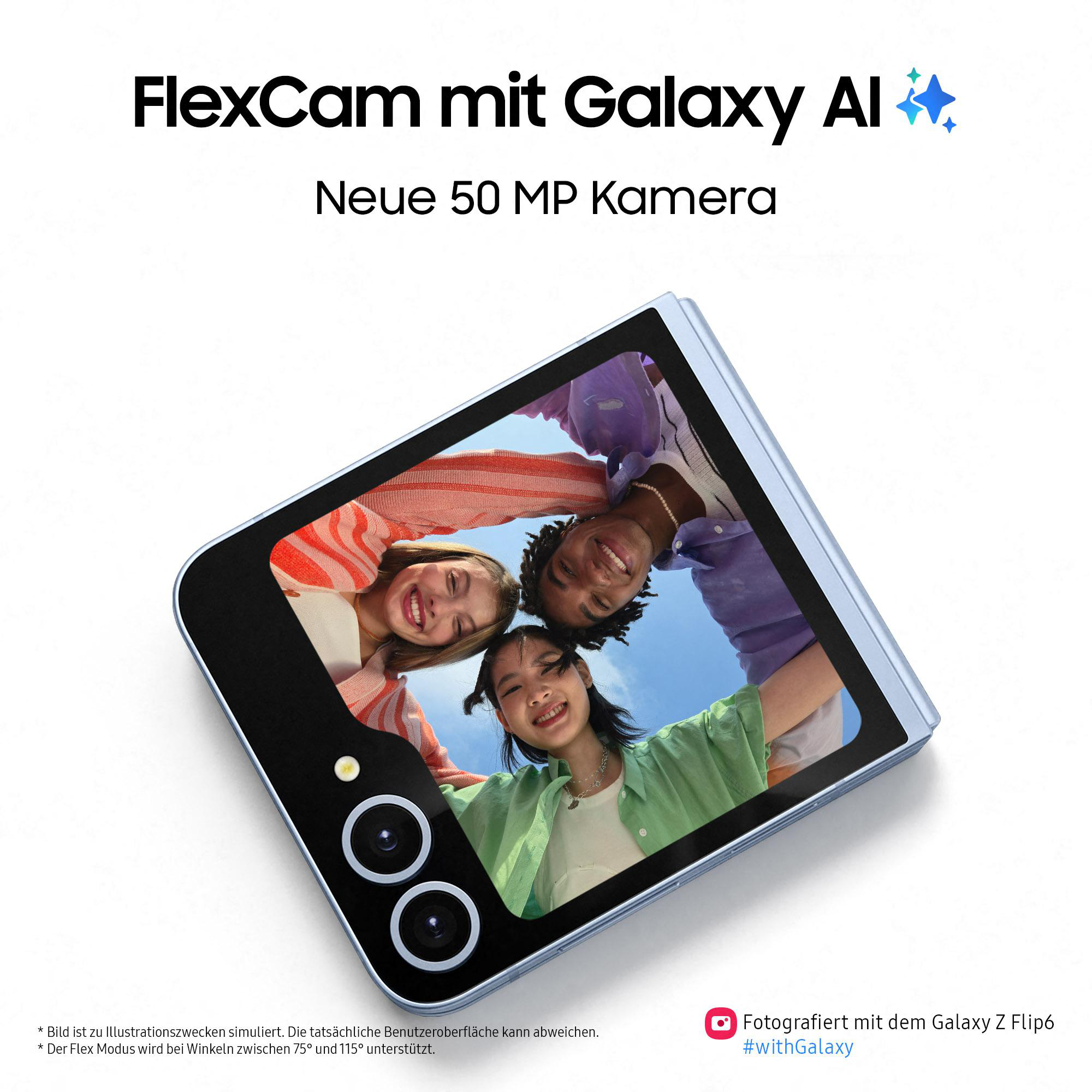 Ein blaues faltbares Telefon mit Personen, die auf den Bildschirm schauen, mit einer Kamera.