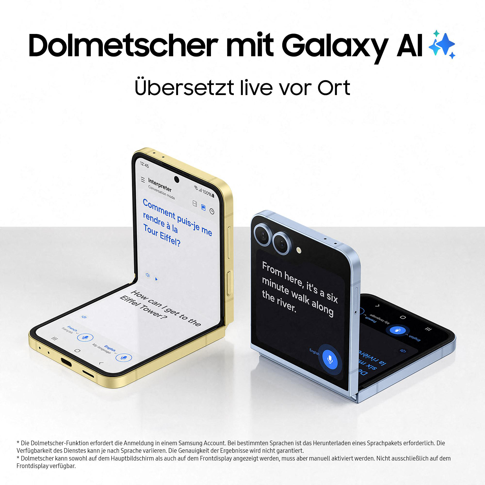 Zwei aufgeklappte faltbare Telefone, die eine Übersetzungs-App anzeigen. Text auf Englisch und Französisch.