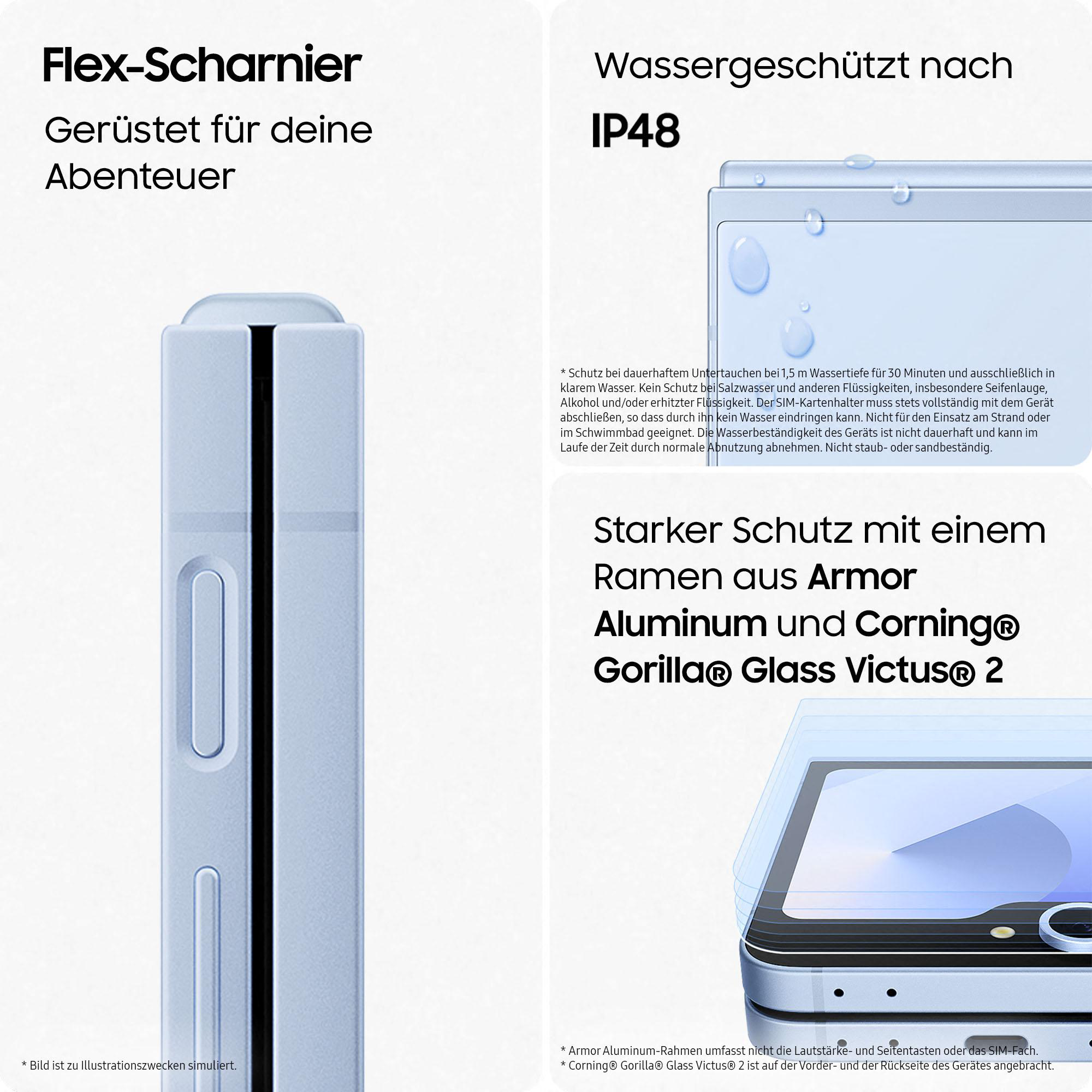 Hellblaues faltbares Telefon mit Text, der Funktionen beschreibt, einschließlich IP48-Wasserfestigkeit und robuster Rüstung.