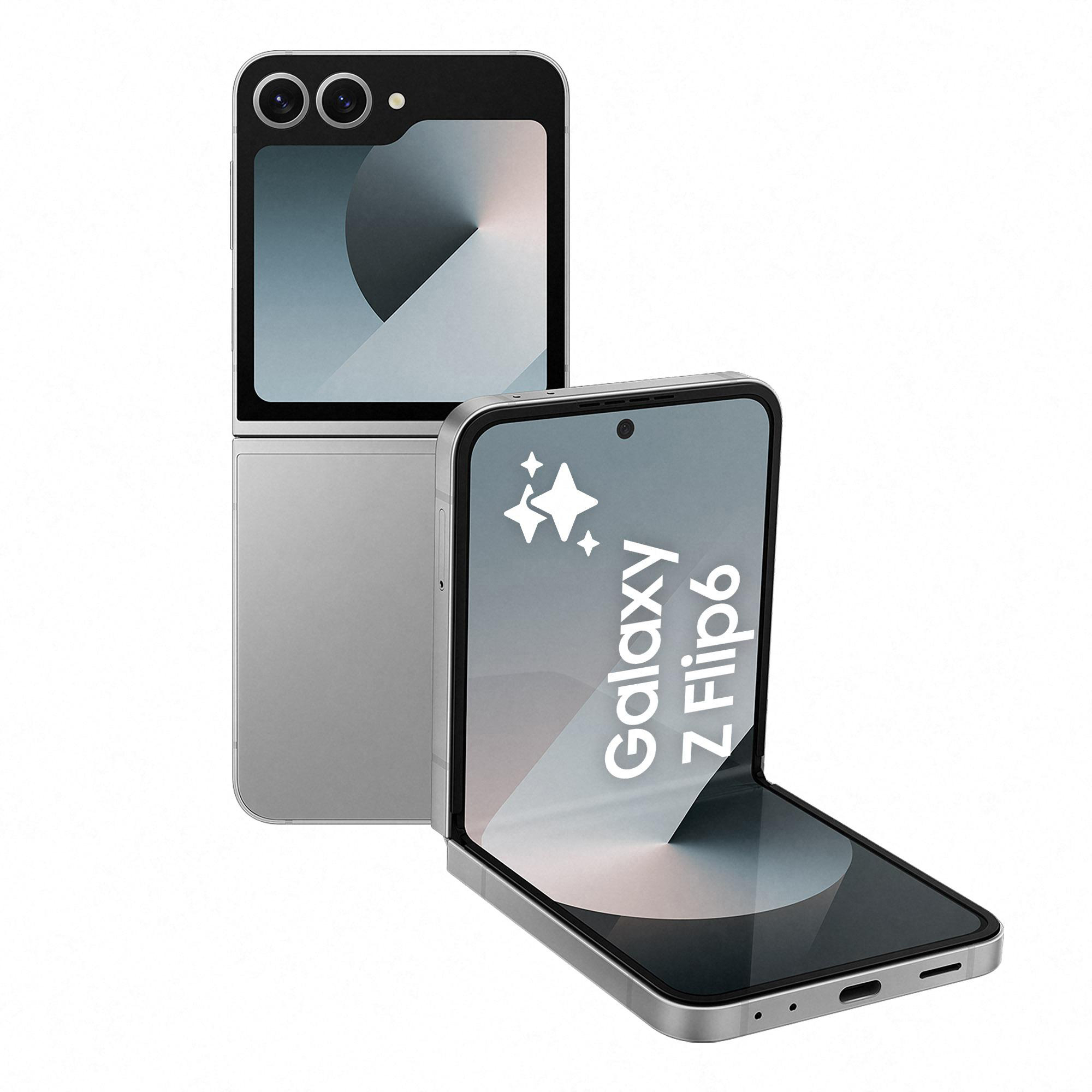 Zwei silberne Galaxy Z Flip6-Telefone, eines geöffnet, das den Bildschirm zeigt.