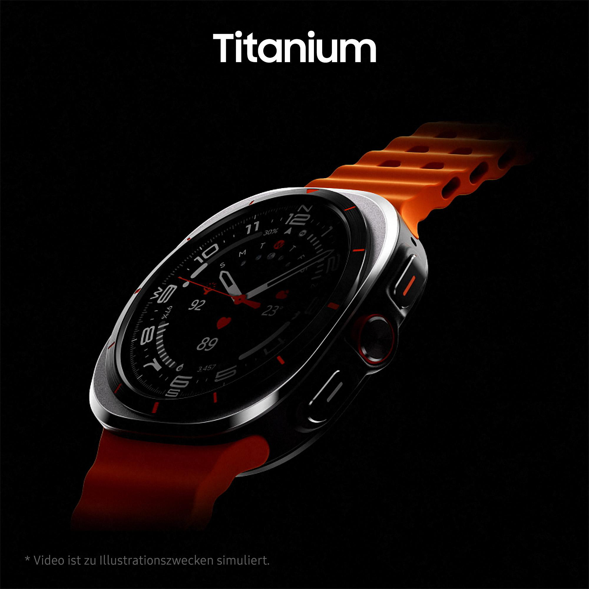 Eine schwarze Smartwatch mit orangefarbenem Armband. Die Uhr zeigt Zeit und andere Metriken an.