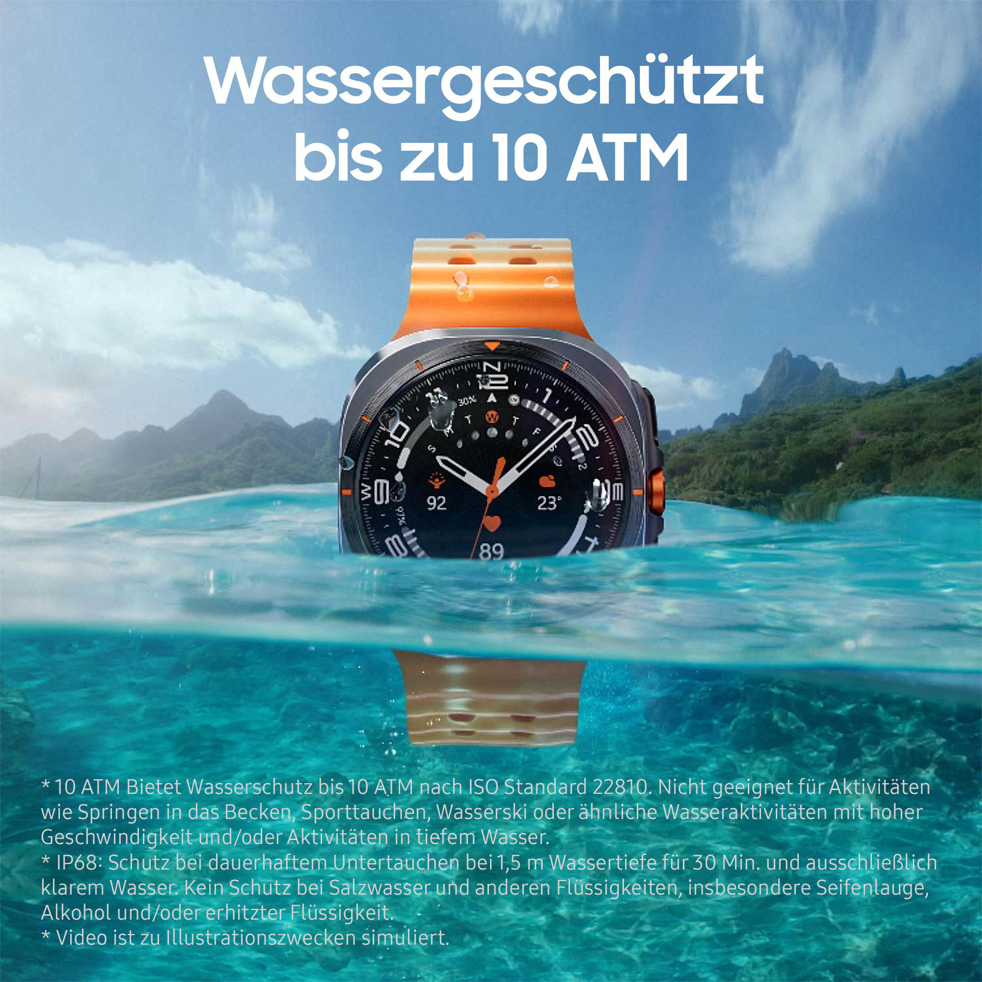 Eine Smartwatch im Wasser. Die Uhr hat ein orangefarbenes Armband und zeigt Zeit und Infos.