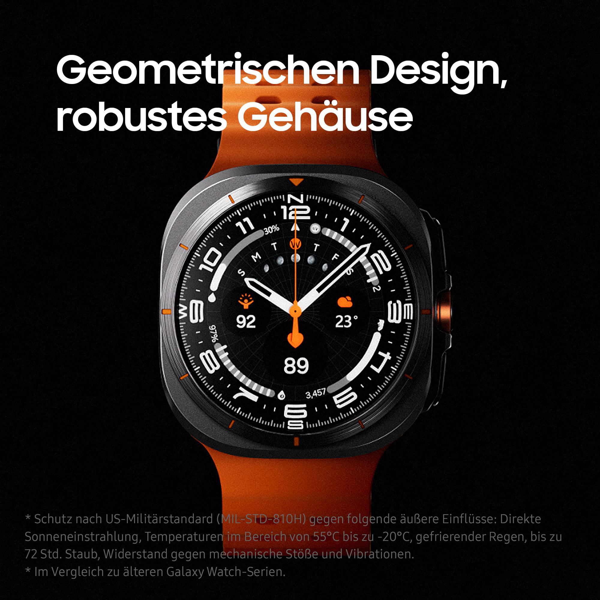 Eine schwarze Smartwatch mit orangefarbenem Armband, zeigt ein Zifferblatt mit Details.