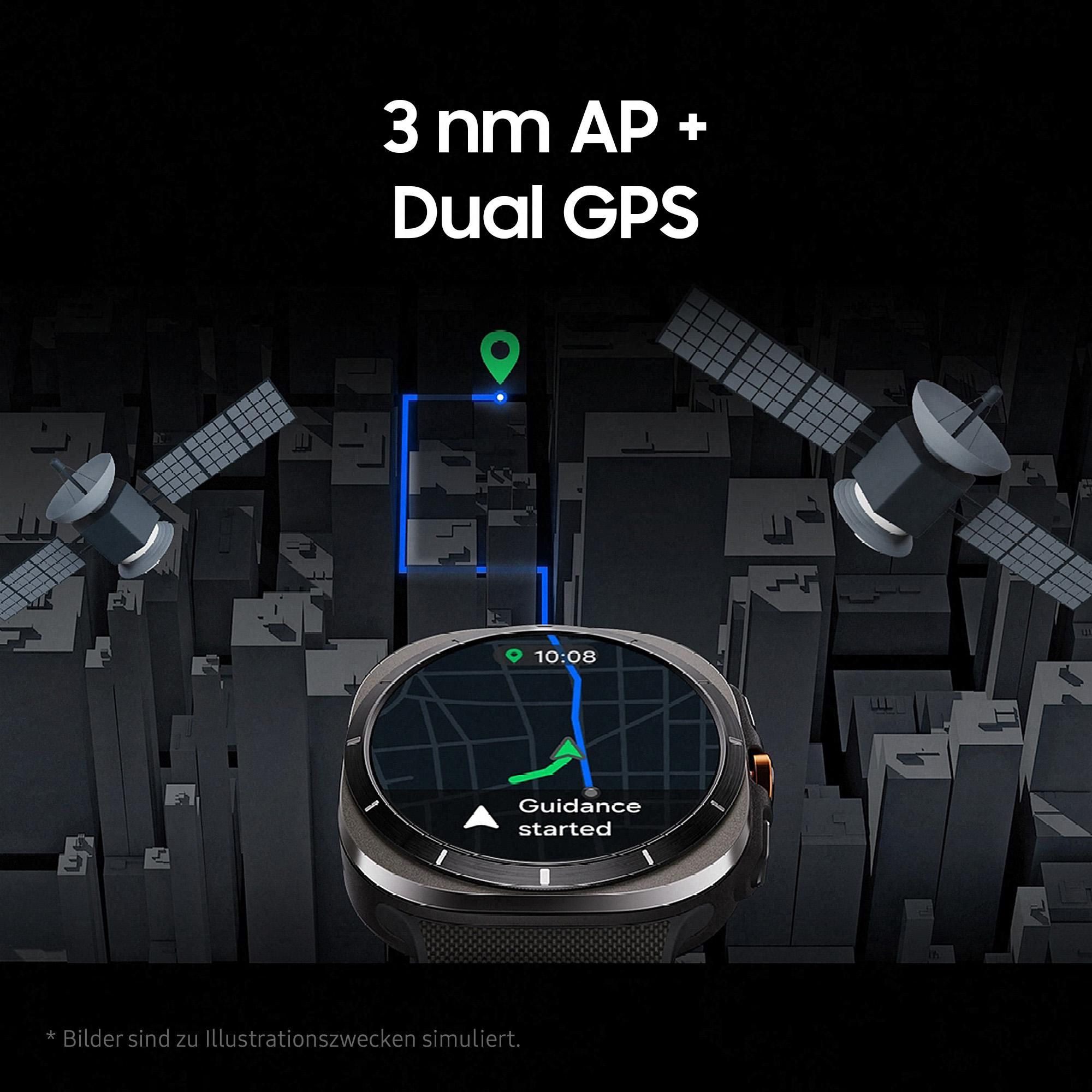 Eine Smartwatch mit Kartenanzeige, zwei Satelliten und Text: 3 nm AP + Dual GPS.
