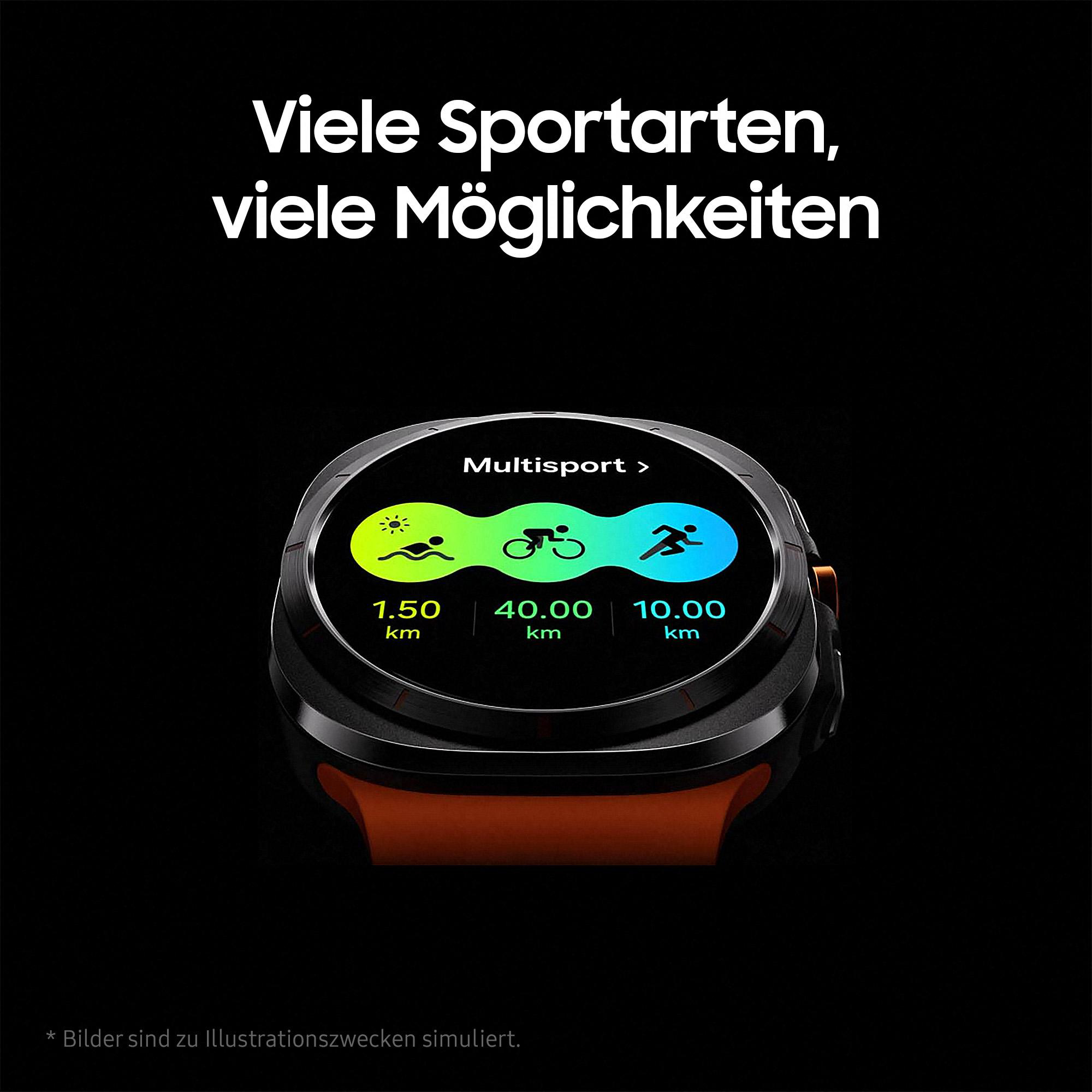 Smartwatch mit Text: Vele sportarten, vele mogelijkheden. Anzeige zeigt Sport-Icons und km.