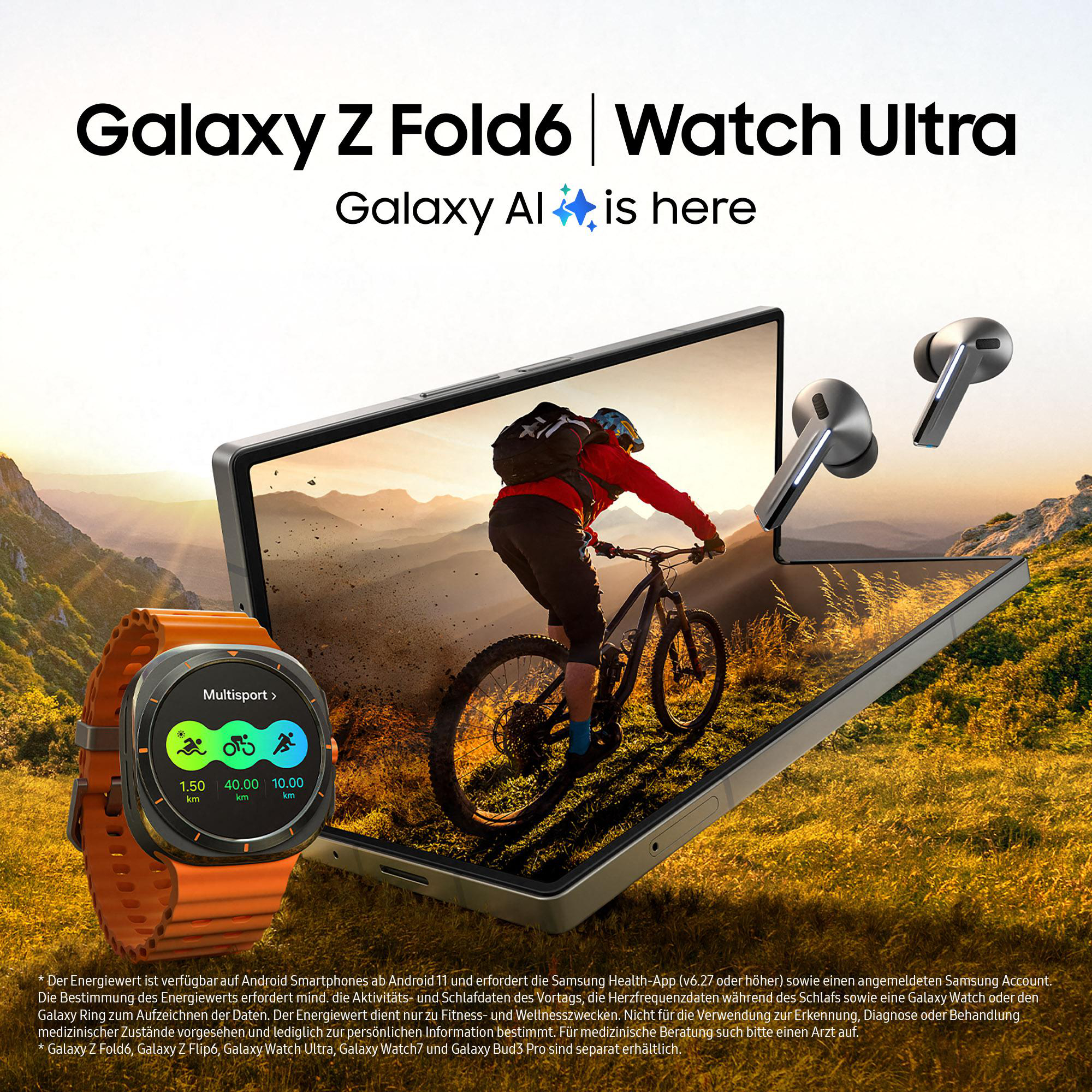 Ein Telefon und eine Smartwatch mit einem Biker auf dem Bildschirm, der Multisport-Metriken anzeigt.
