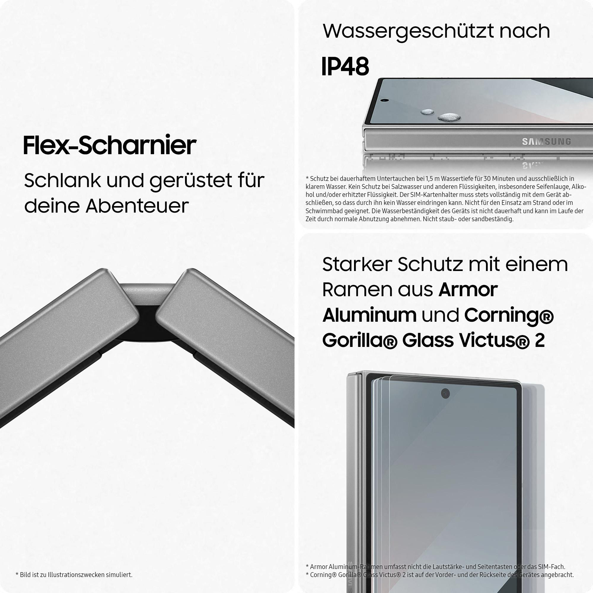 Telefon mit Text: Flex-Scharnier Schlank und gerüstet für deine Abenteuer. Nahaufnahme des Scharniers.