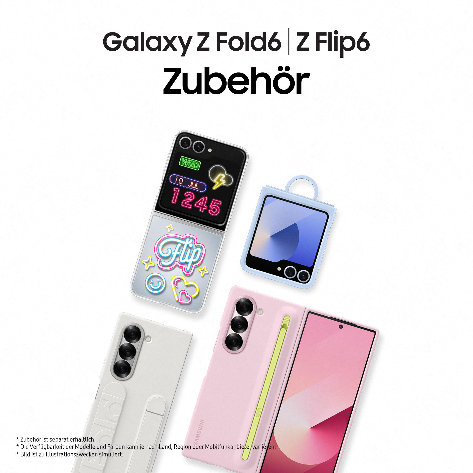 Zubehör für Galaxy Z Fold6 und Z Flip6, einschließlich Telefone und Hüllen.