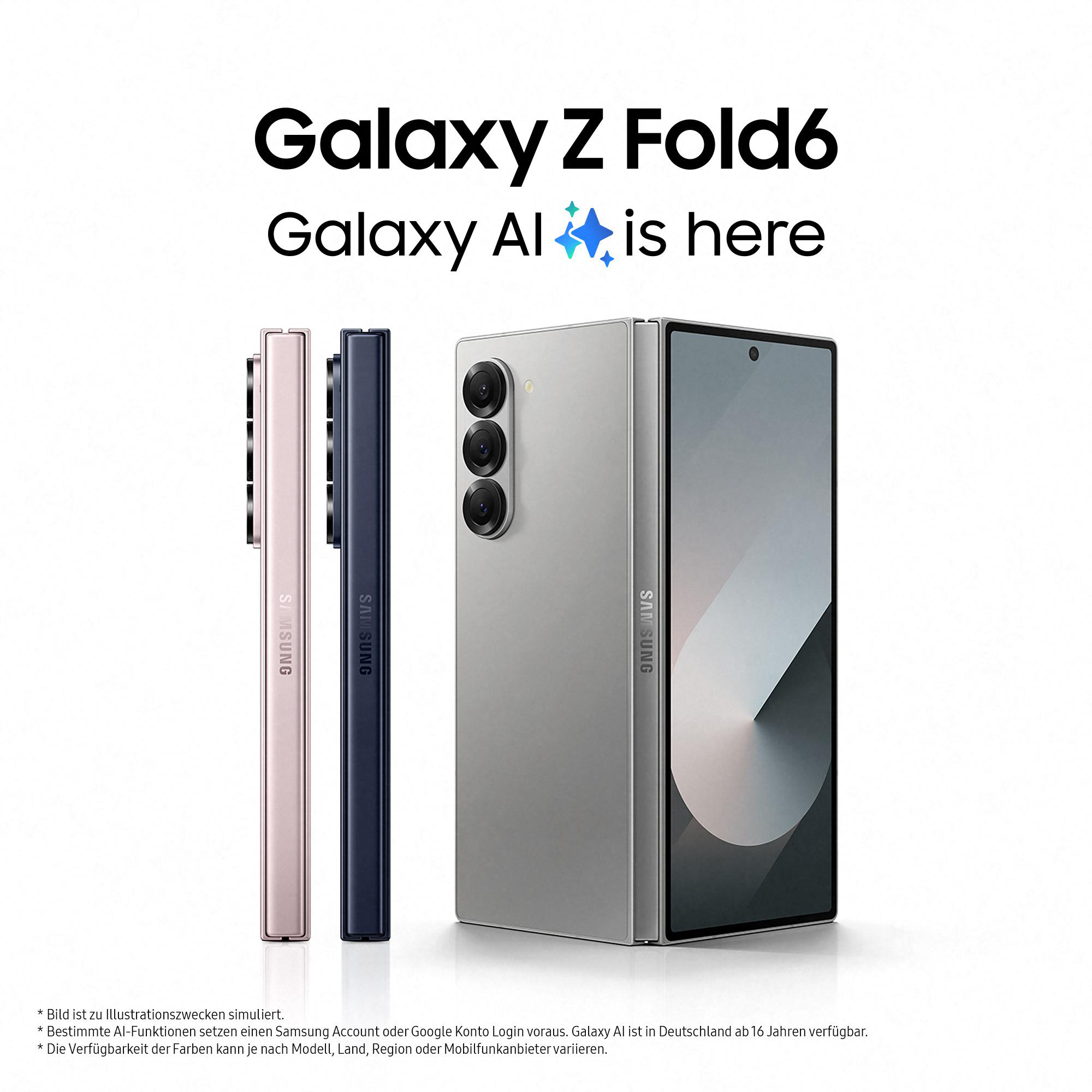 Samsung Galaxy Z Fold6 und Z Fold6 in verschiedenen Farben, auf weißer Oberfläche dargestellt.