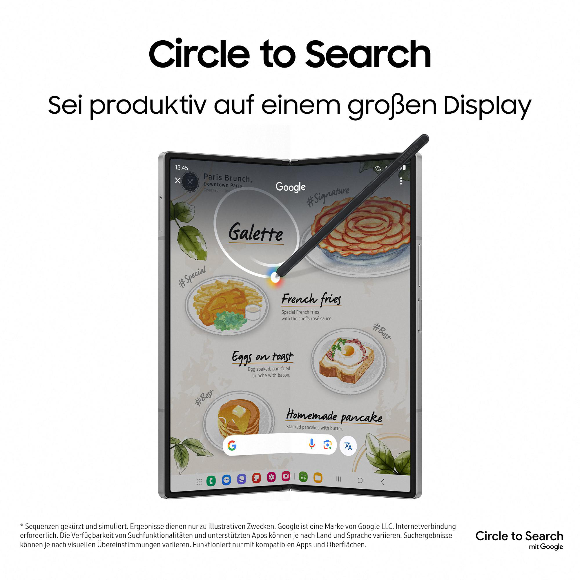 Ein Tablet mit einem Essensmenü und der Google-Suchleiste unten.