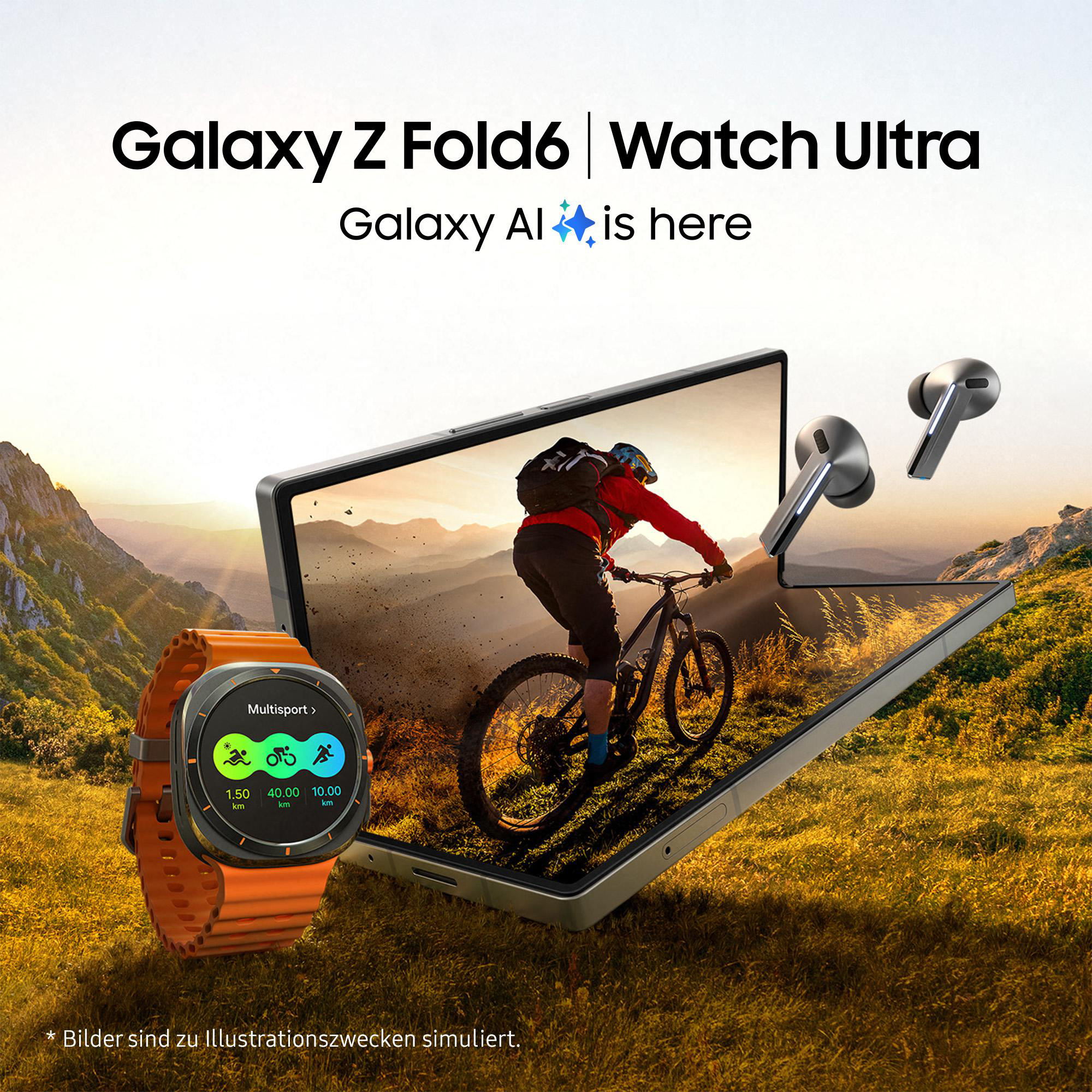 Galaxy Z Fold6 mit Radfahrer, Watch Ultra und kabellosem Kopfhörer, in der Natur.