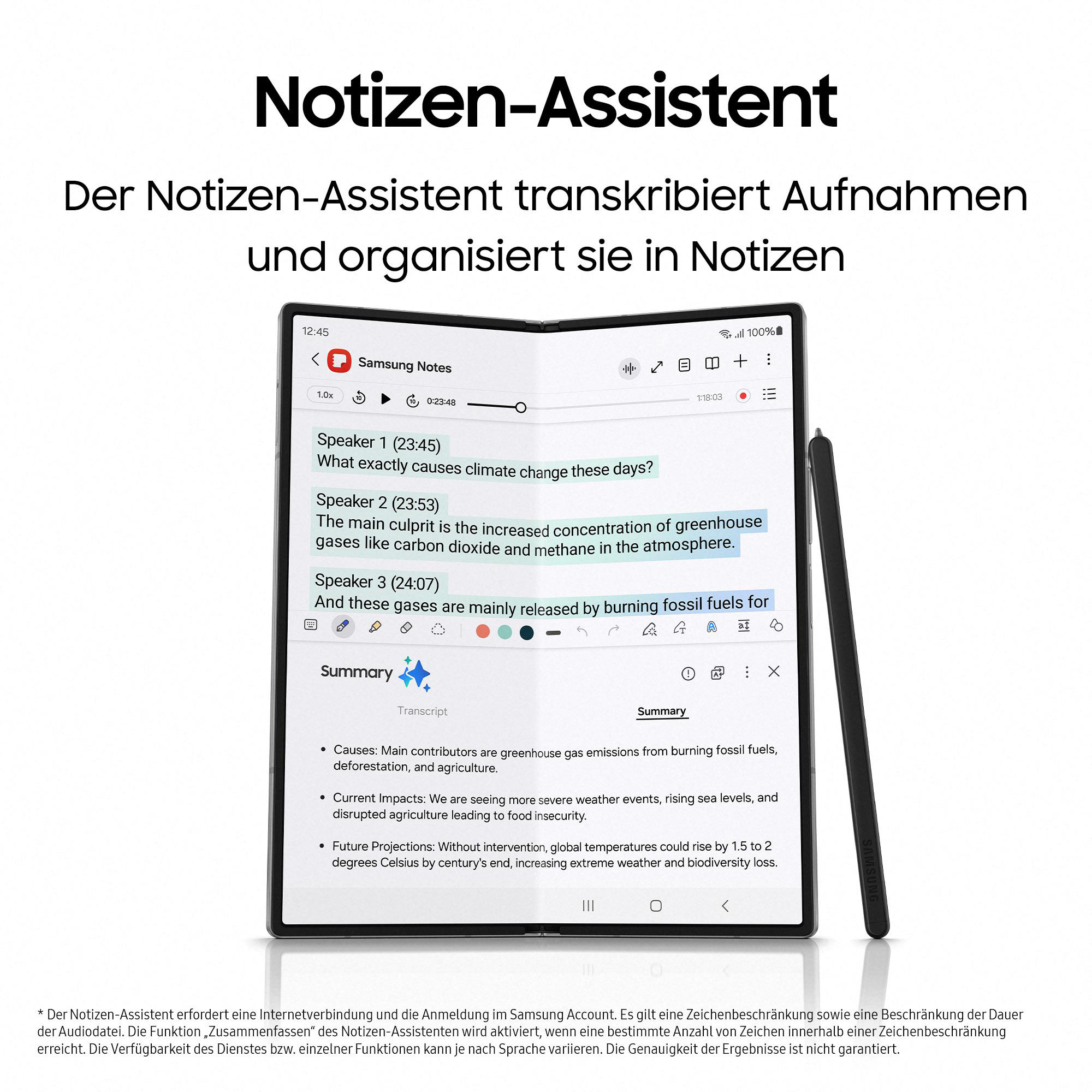 Ein faltbares Telefon mit Stift und Notizen-App. Text über einen Notiz-Assistenten.