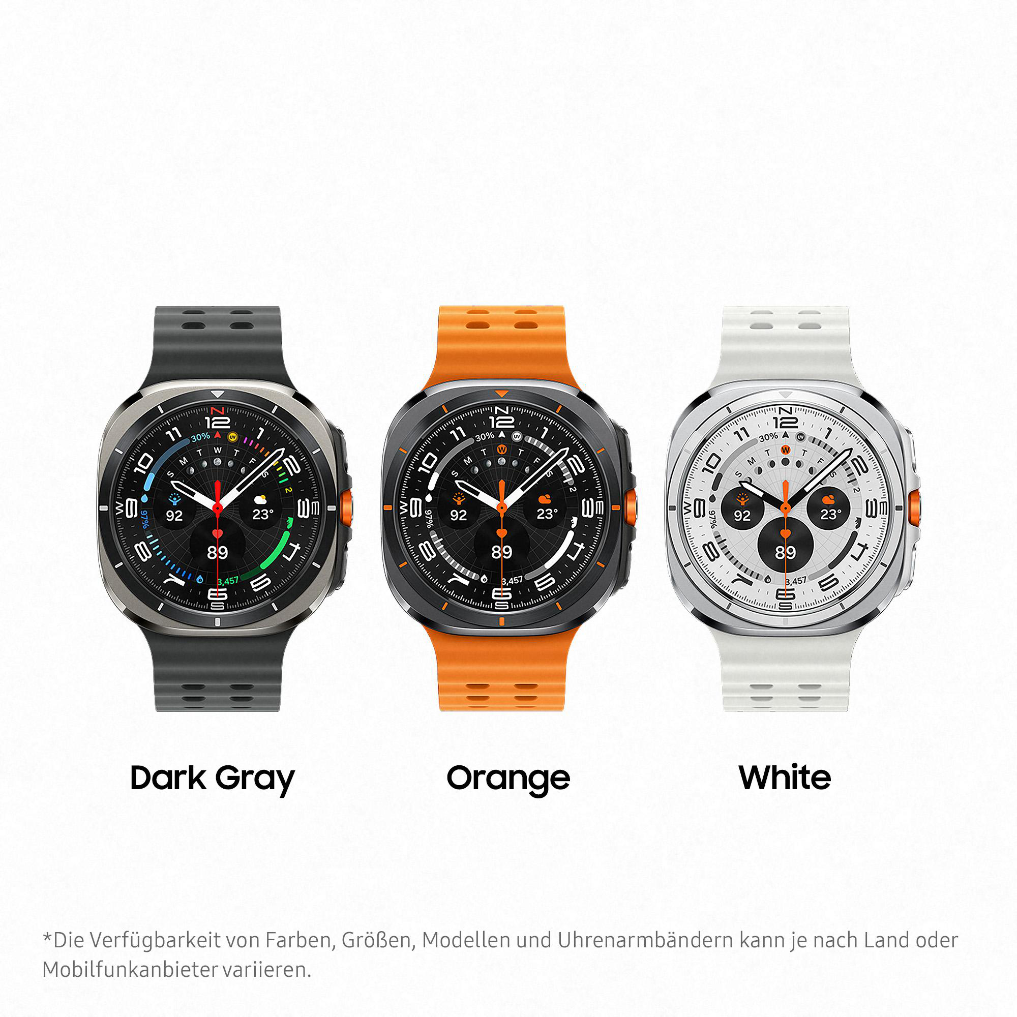 Drei Smartwatches, dunkelgrau, orange und weiß, auf einer schwarzen Oberfläche, mit Textbeschriftungen.