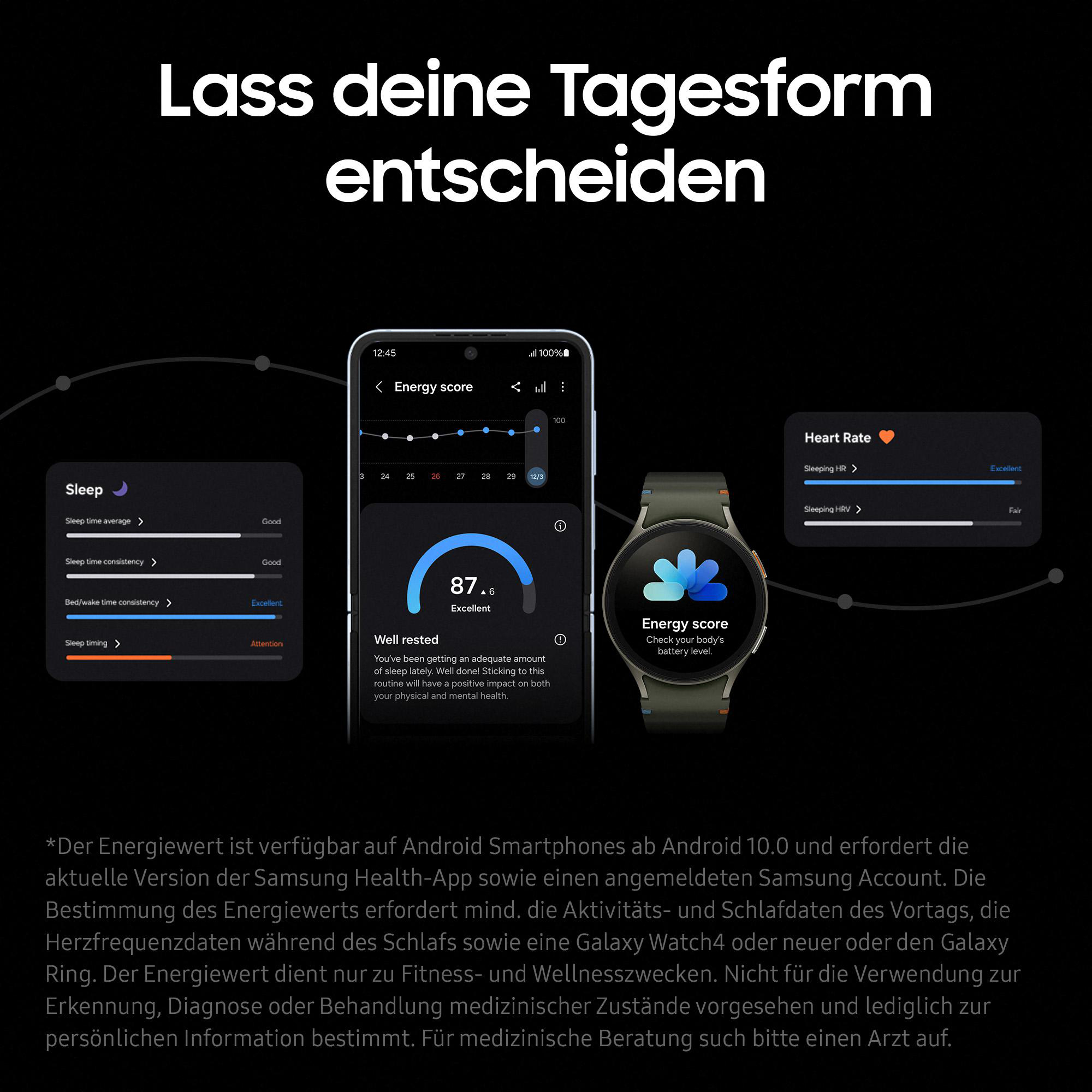 Ein Energie-Score von einem Telefon und einer Smartwatch wird auf schwarzem Hintergrund angezeigt.