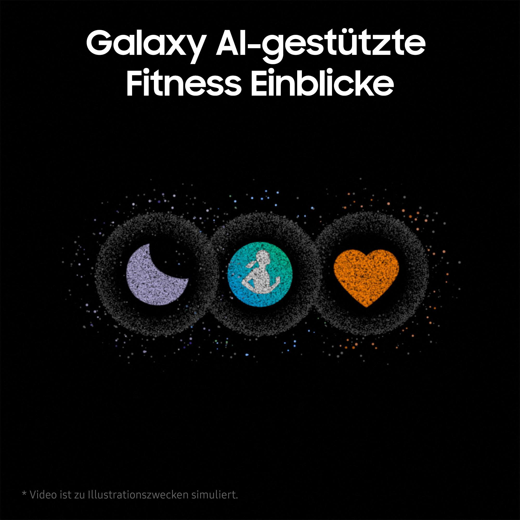 Drei abstrakte Kreise mit Symbolen: Mond, Person und Herz. Text: Galaxy KI-basierte Fitness Einblicke.