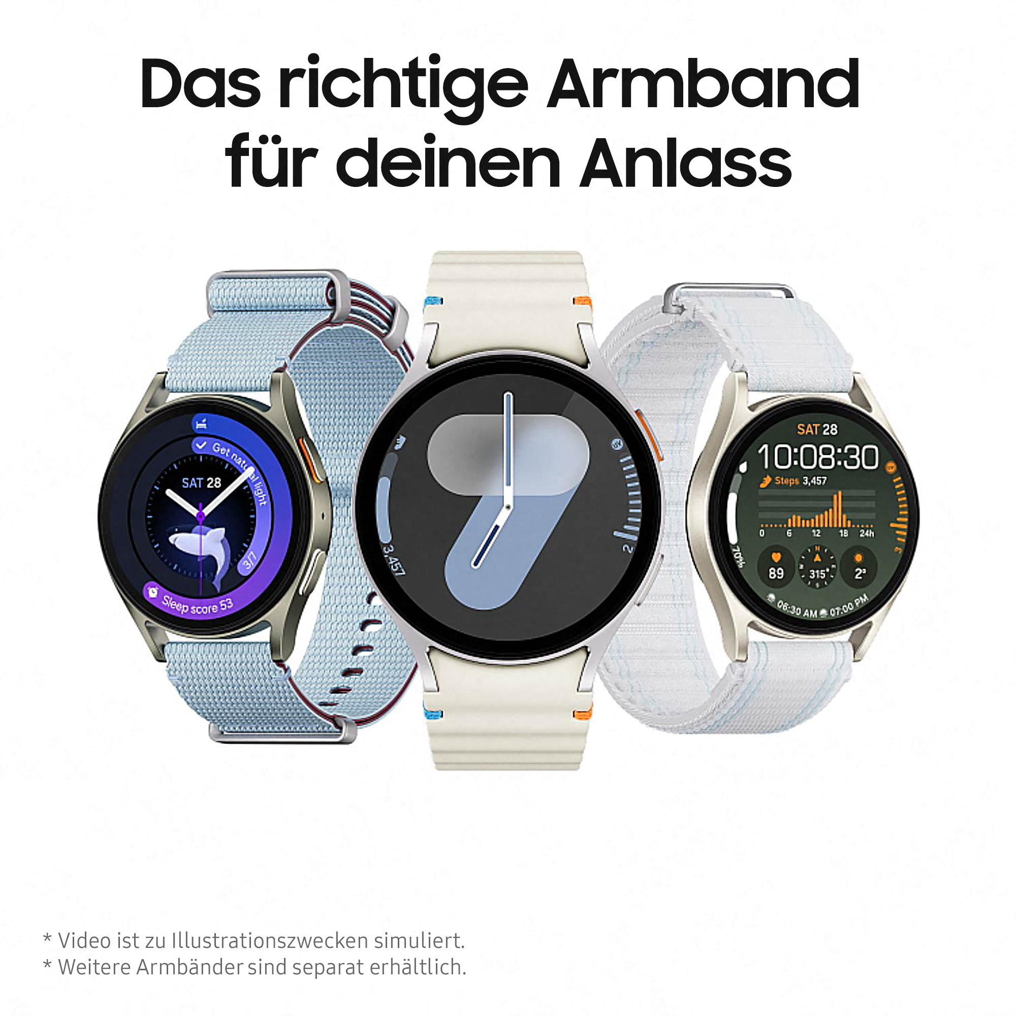 Drei Smartwatches mit unterschiedlich farbigen Armbändern werden angezeigt. Text: Das richtige Armband für Ihren Anlass.