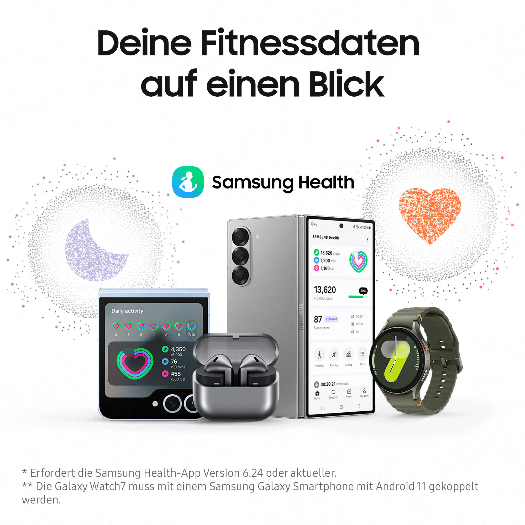 Eine Smartwatch, ein Telefon, ein Paar Ohrhörer und ein Klapphandy werden angezeigt. Text: Ihre Fitnessdaten auf einen Blick.