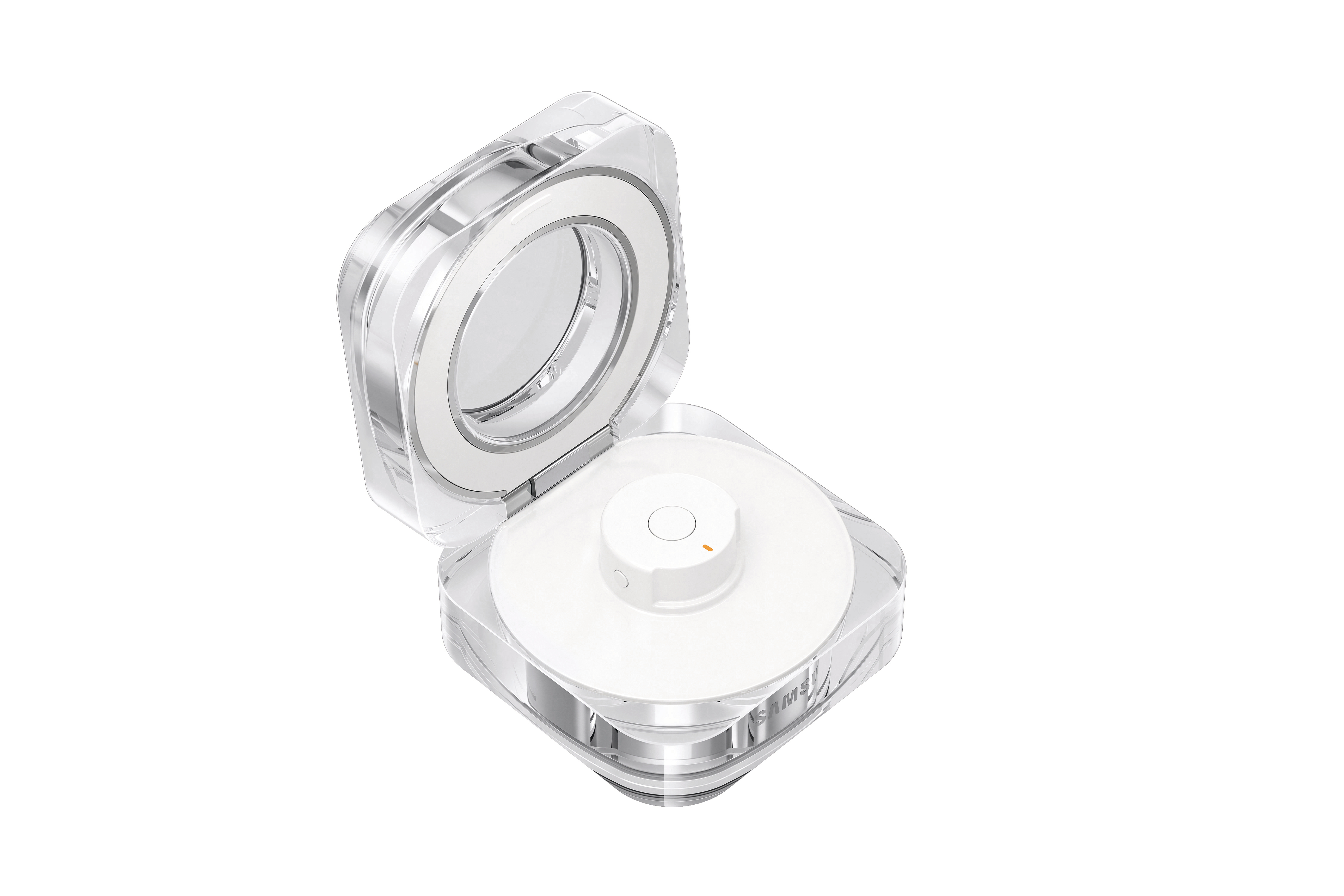 Transparente, offene Hülle mit weißem, kreisförmigem Gerät, auf weißem Grund.