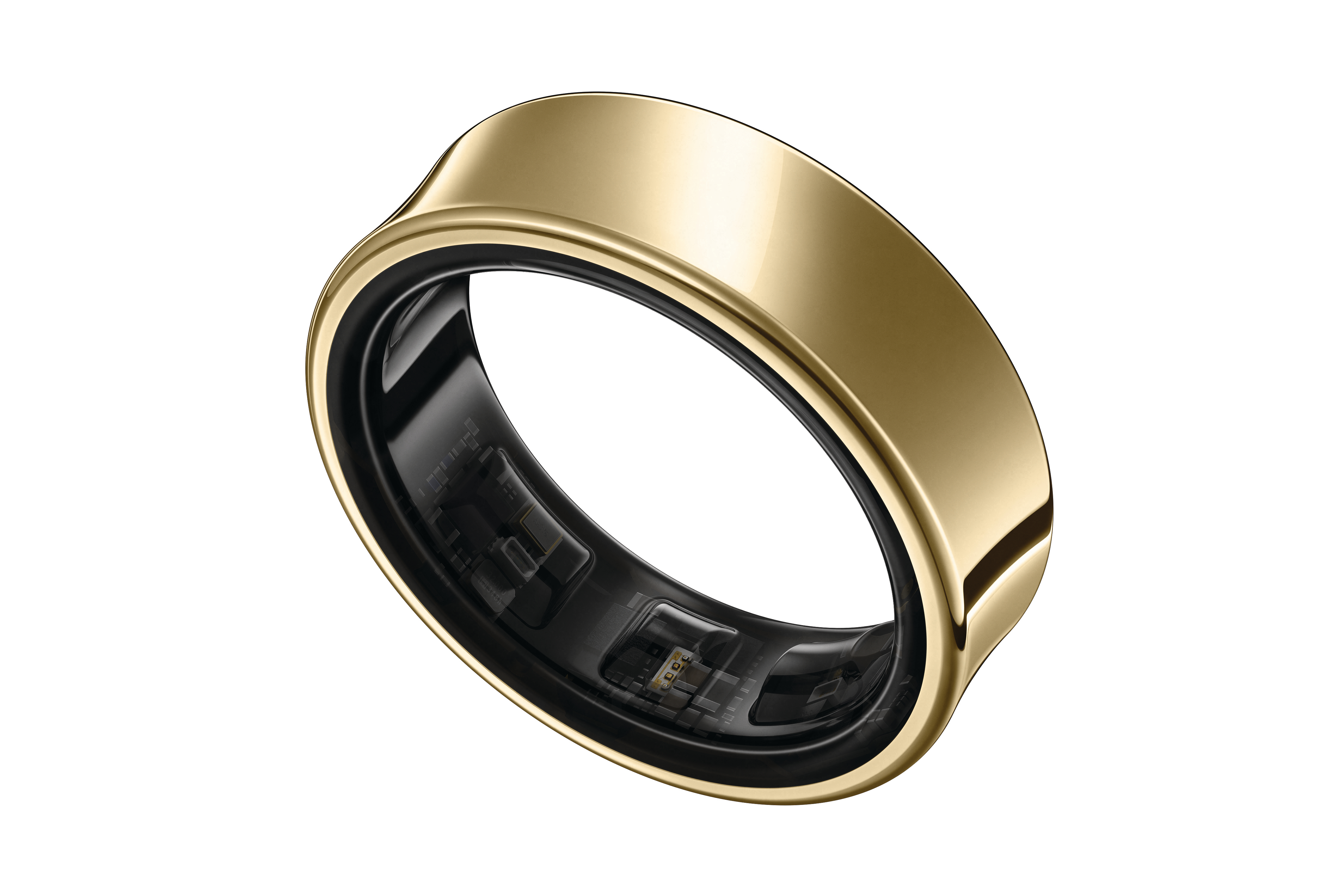 Ein goldener Smartring wird gezeigt, der seine inneren Funktionen auf weißem Hintergrund zeigt.