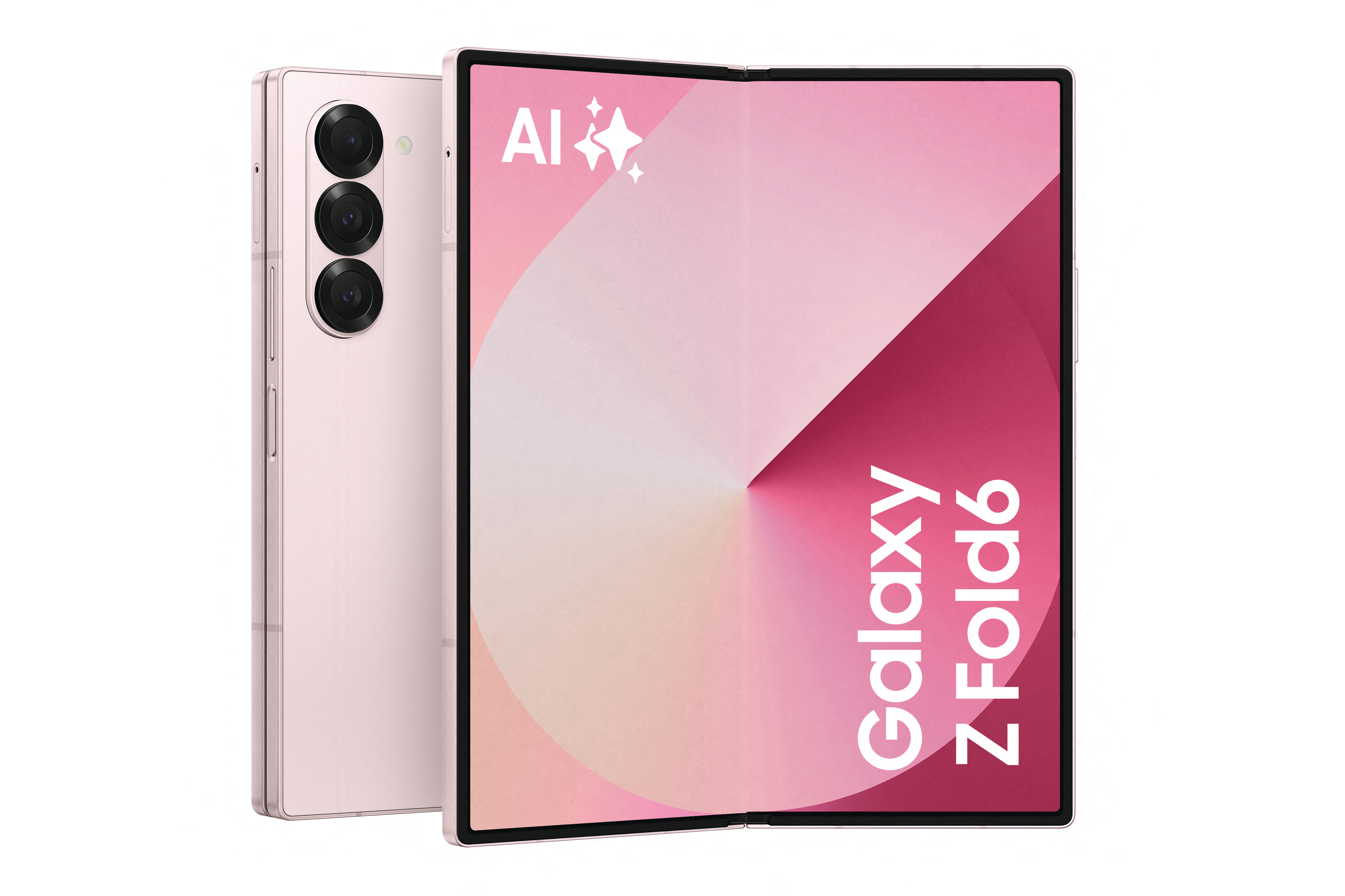 Ein pinkfarbenes faltbares Smartphone, offen, mit einem Farbverlauf auf dem Bildschirm, und daneben das geschlossene Telefon.