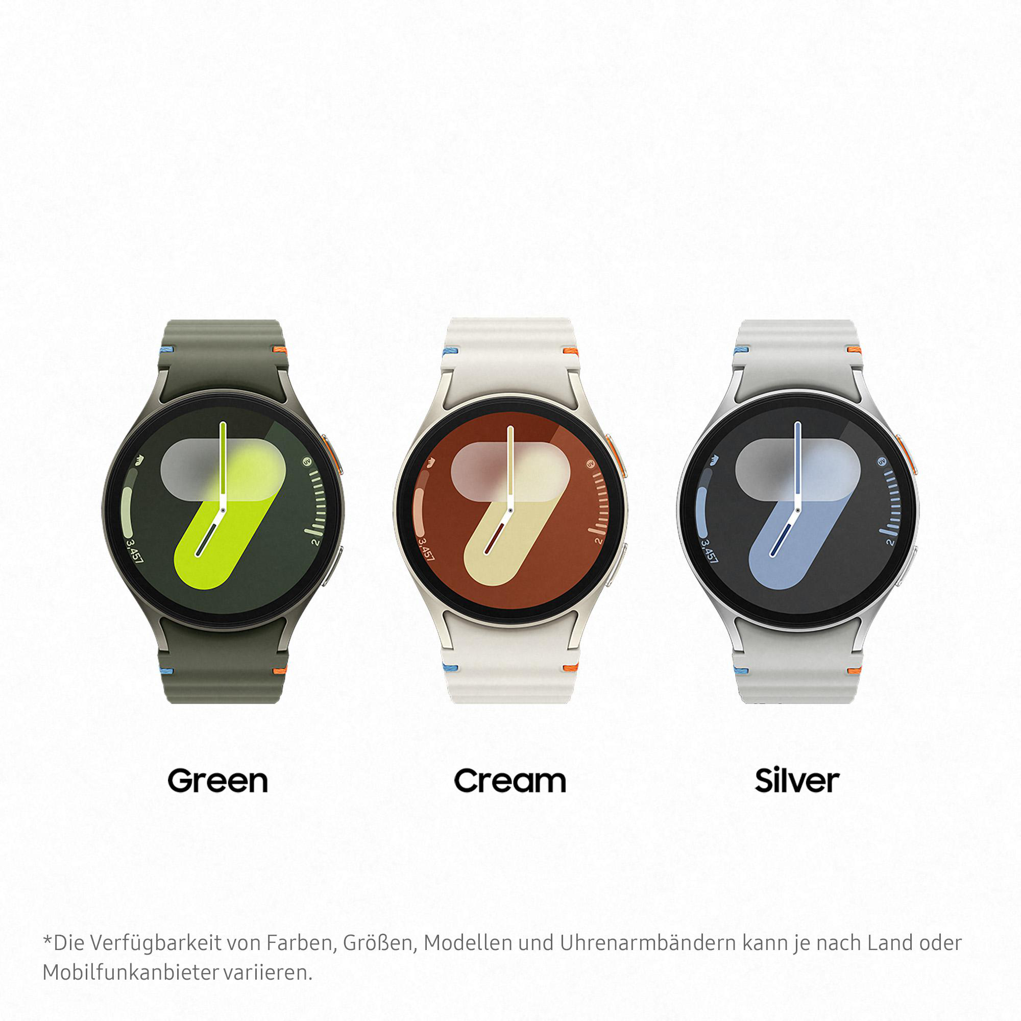 Drei Smartwatches: grün, creme und silber. Text: Grün, Creme, Silber.