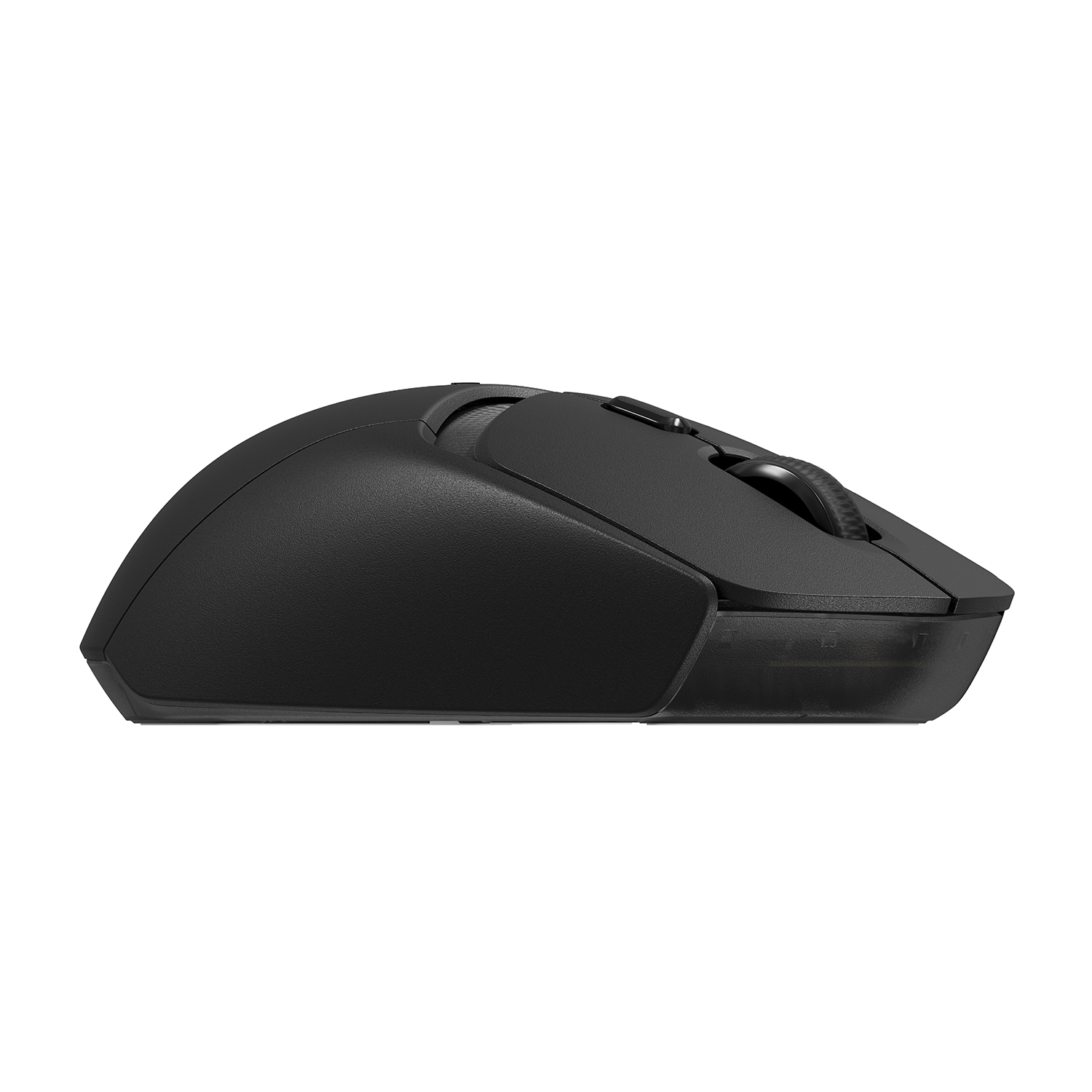 Mouse nero, vista laterale. Mostra i pulsanti e la rotella di scorrimento.