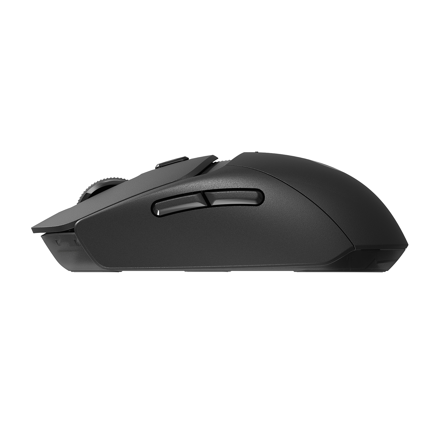 Mouse wireless nero. Vista dall'alto che mostra i pulsanti e la rotellina. Sfondo bianco.