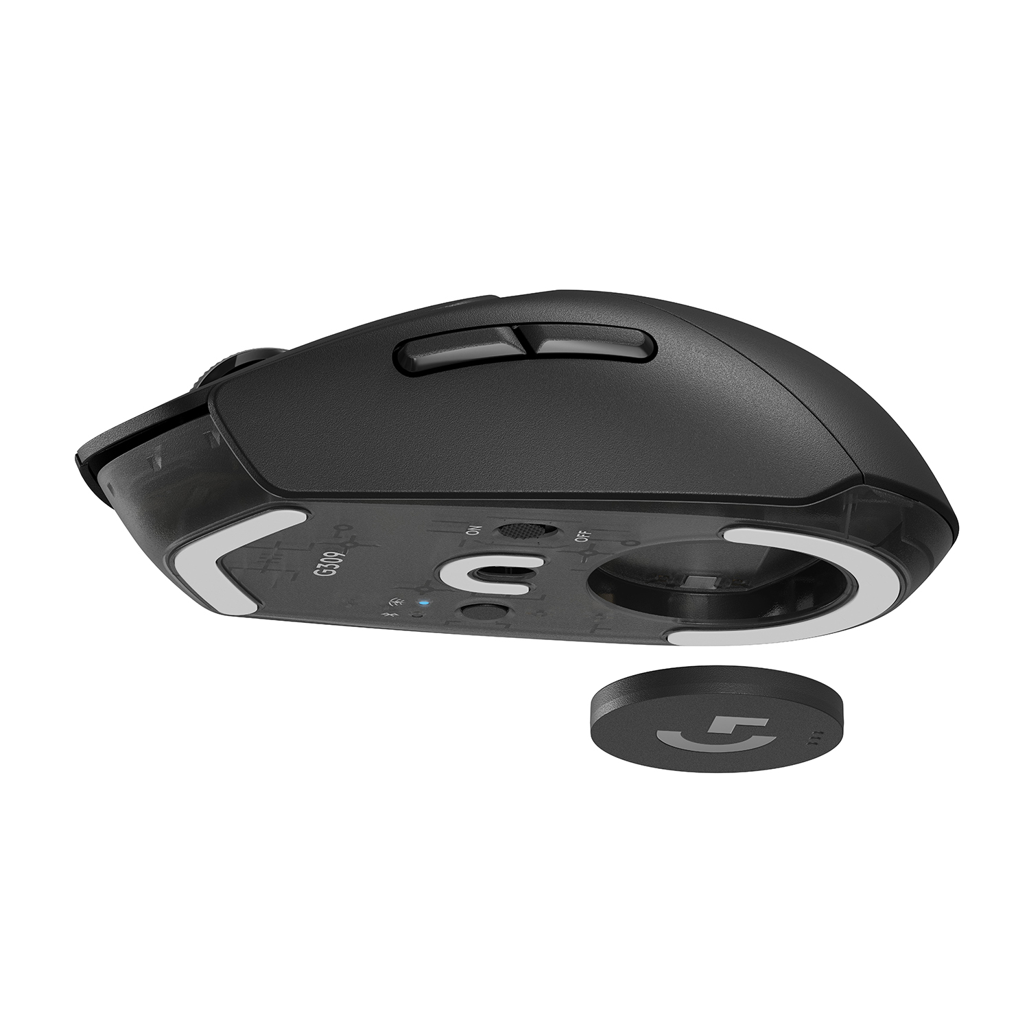 Mouse wireless nero, vista dall'alto. Modello G305. Coperchio e logo rimovibili. Sfondo bianco.