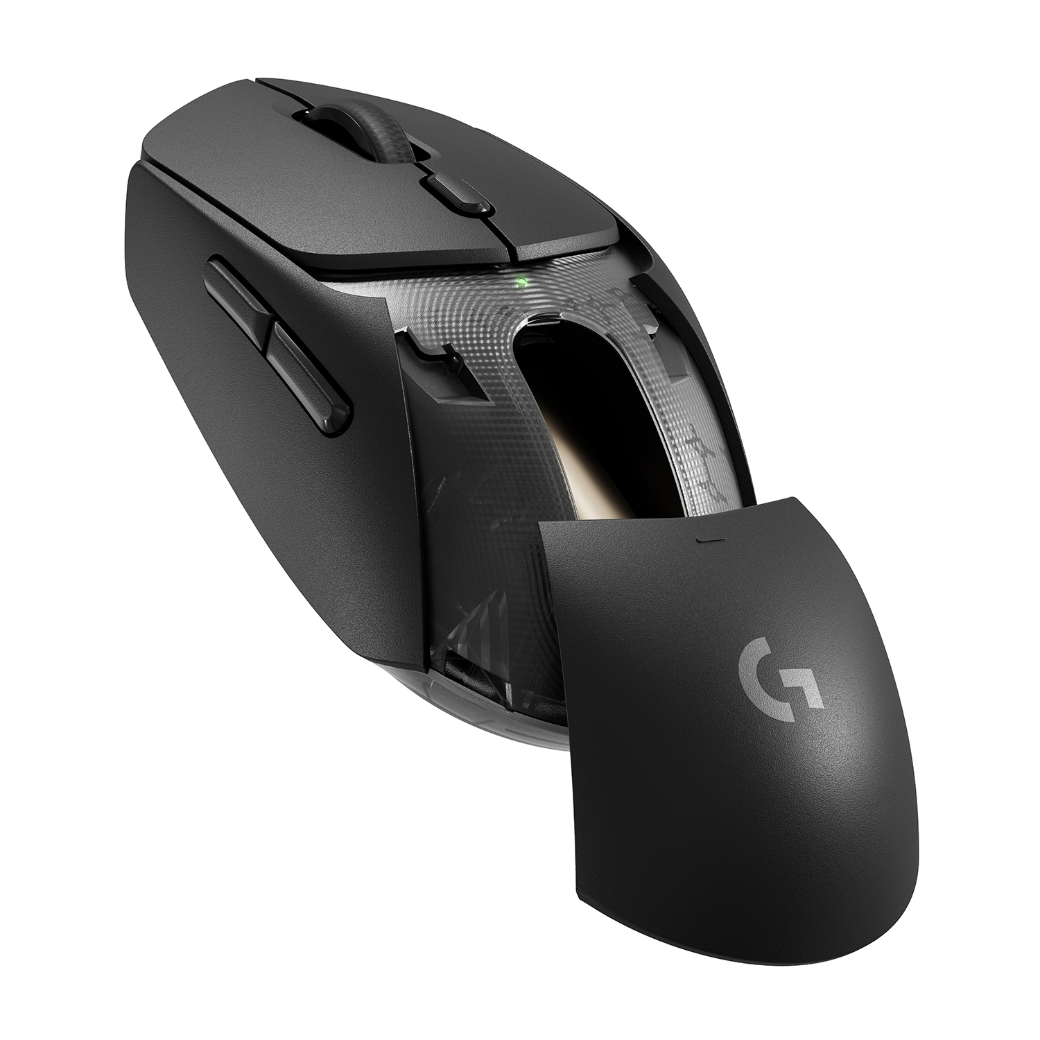 Un mouse da gioco nero con la copertura inferiore parzialmente rimossa. Il logo Logitech è visibile.