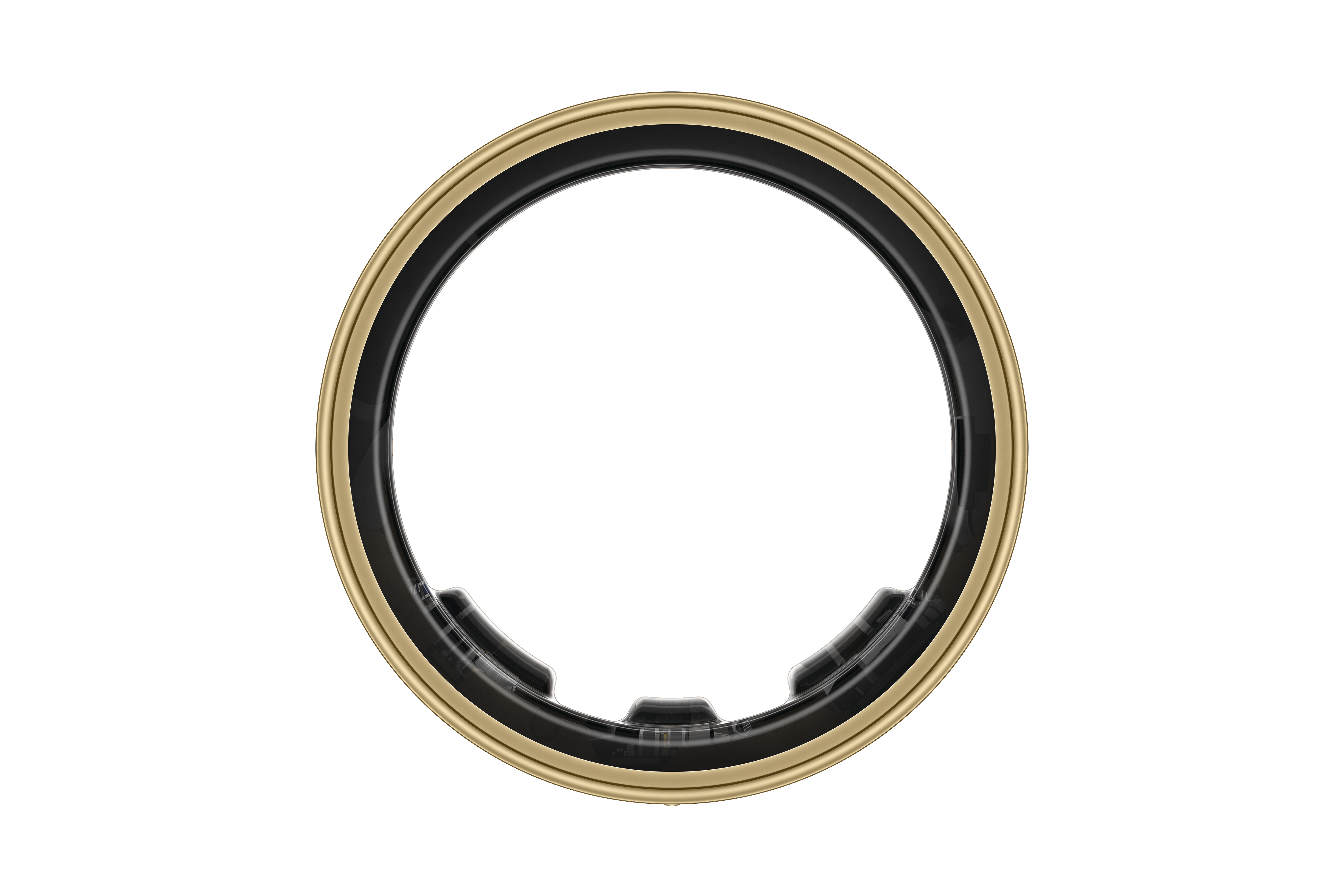 Goldener Ring mit schwarzem und goldenem Innenrand. Draufsicht, weißer Hintergrund.