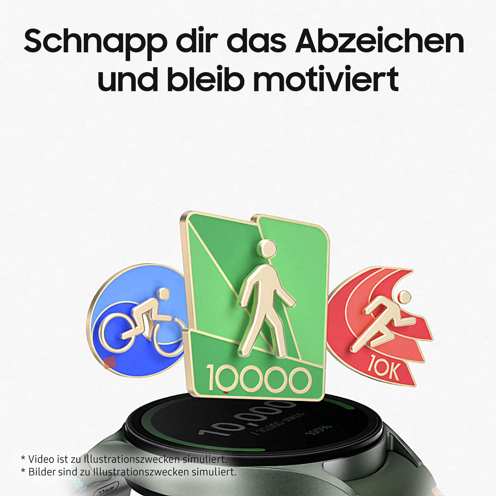 Eine Uhr mit drei Auszeichnungs-Symbolen, Text auf Deutsch.