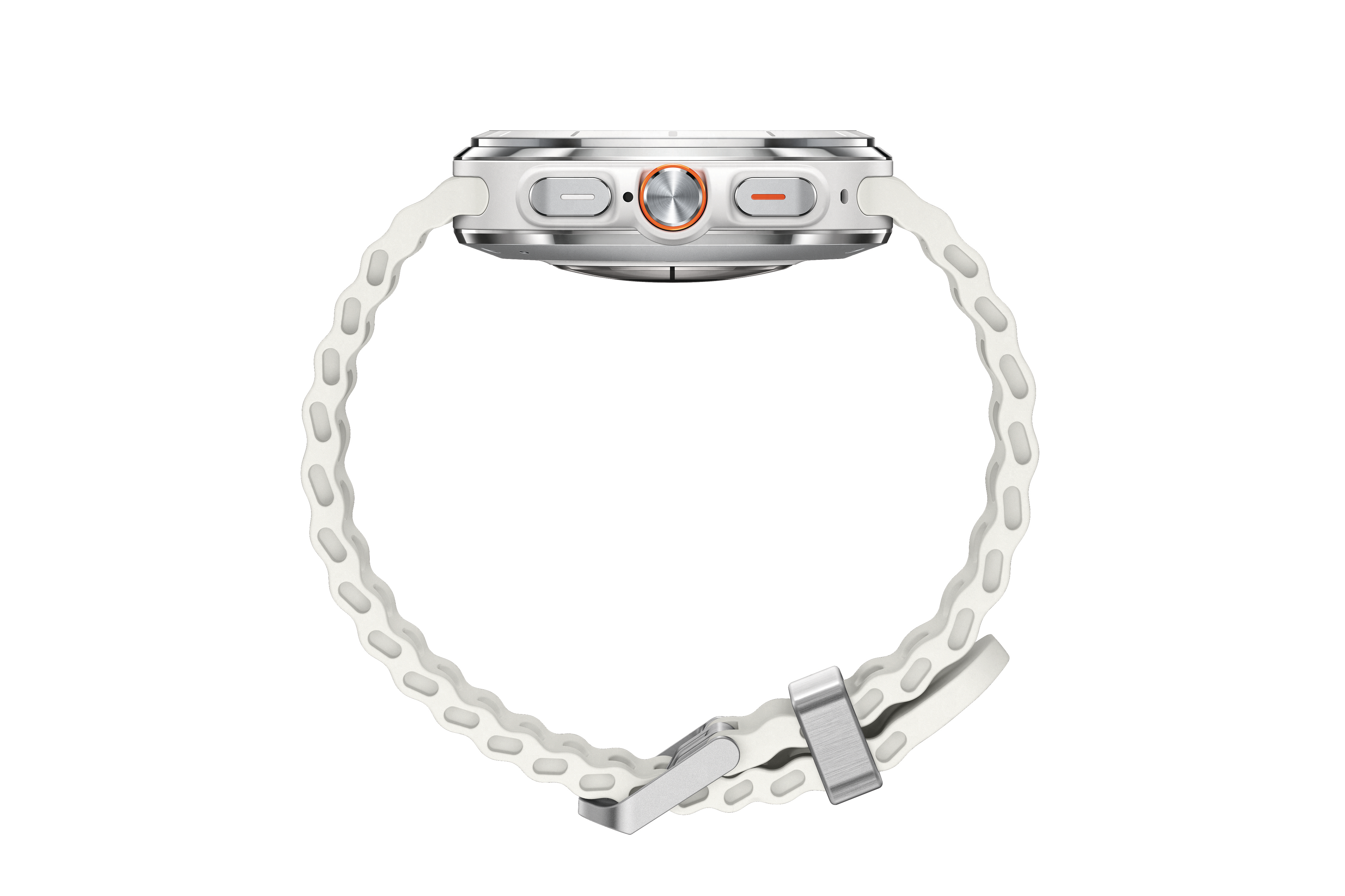 Weiße Smartwatch mit weißem Armband und orangefarbenem Knopf auf weißem Hintergrund.