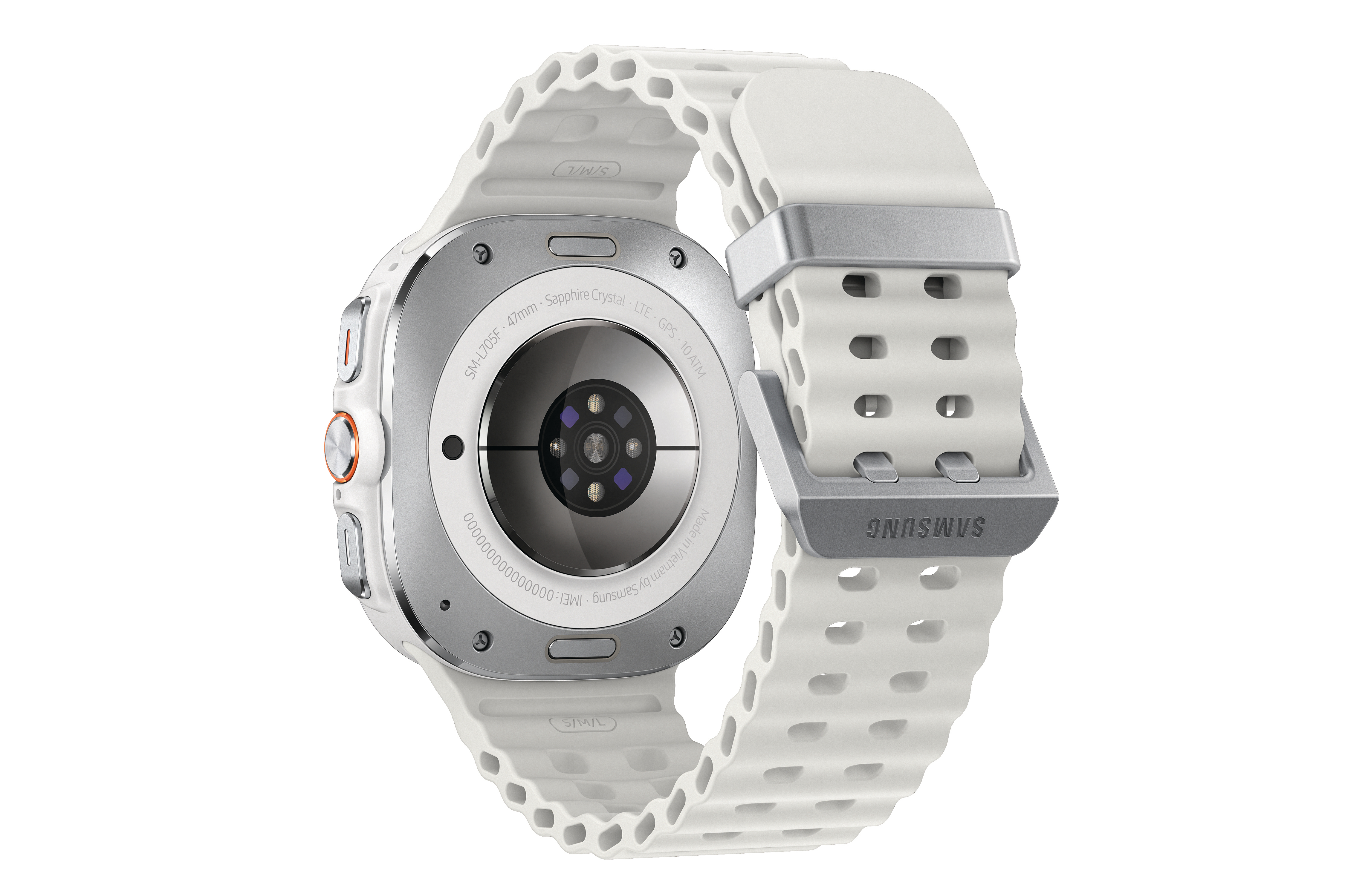 Rückansicht einer weißen Samsung Galaxy Watch mit weißem Armband. Die Uhr hat eine silberne Schnalle.