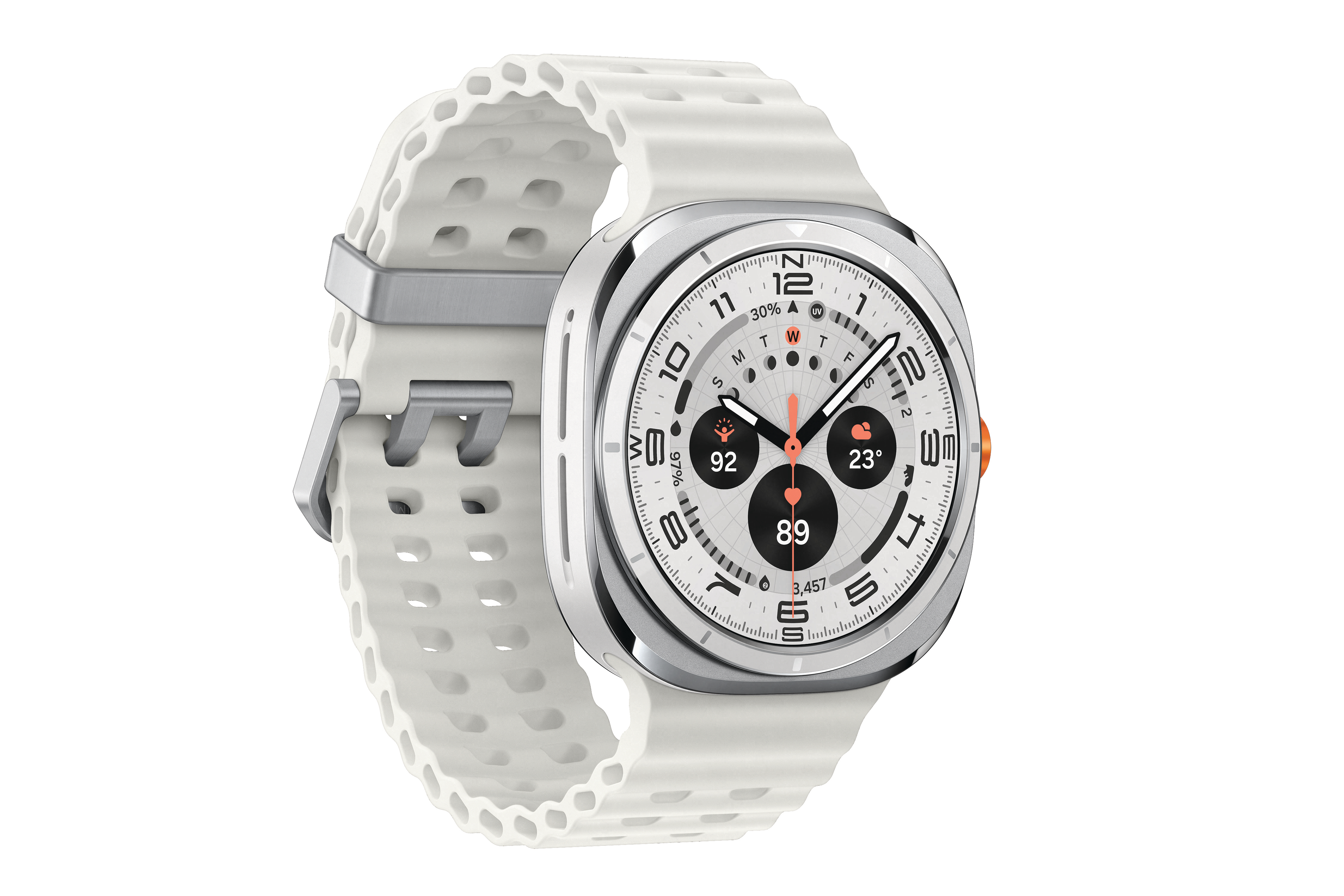Silberne Smartwatch mit weißem Armband, zeigt Zeit, Wetter und Zahlen.