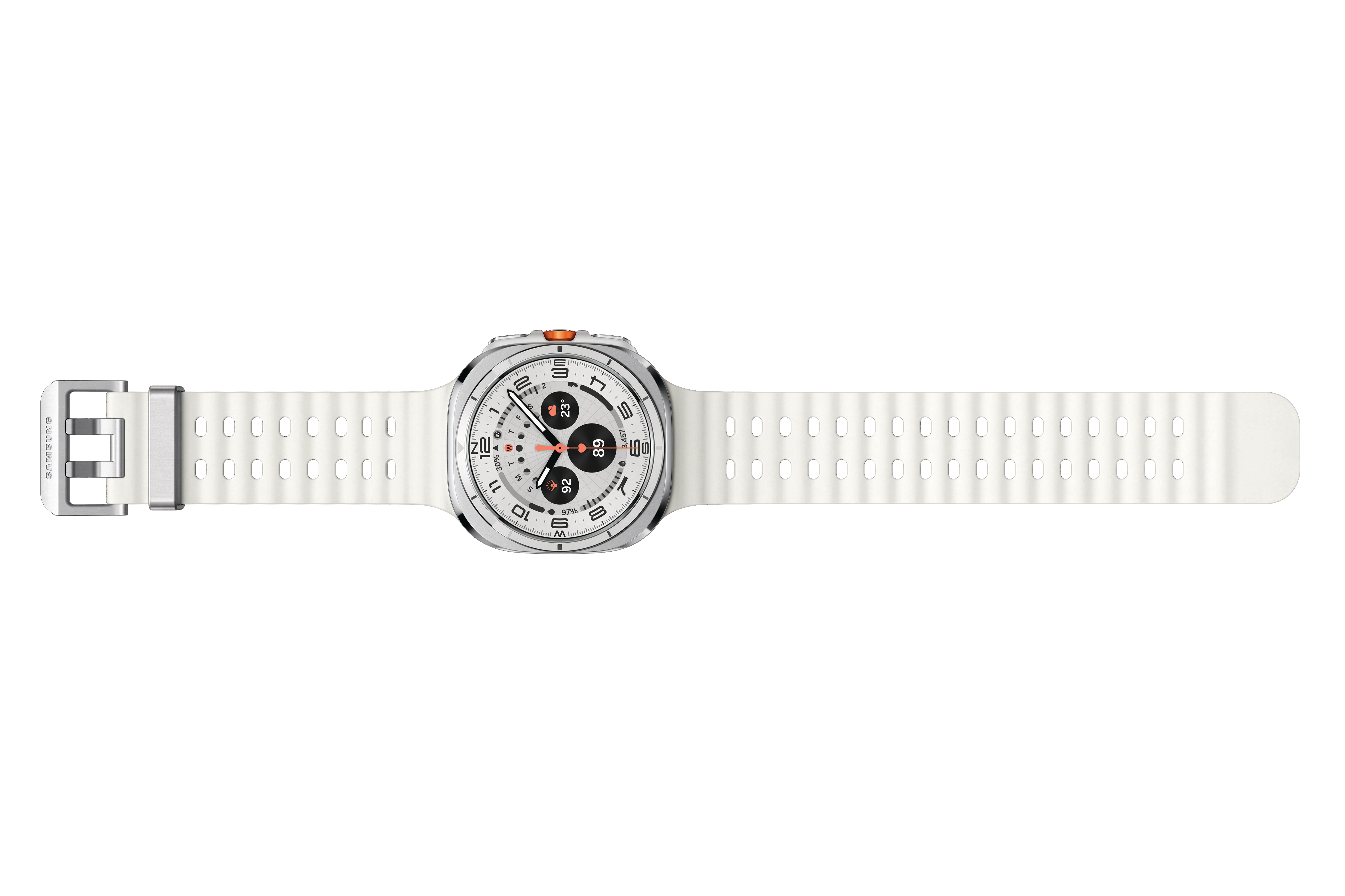 Eine weiße Smartwatch mit weißem Armband liegt flach. Das Zifferblatt zeigt Zahlen und Daten.