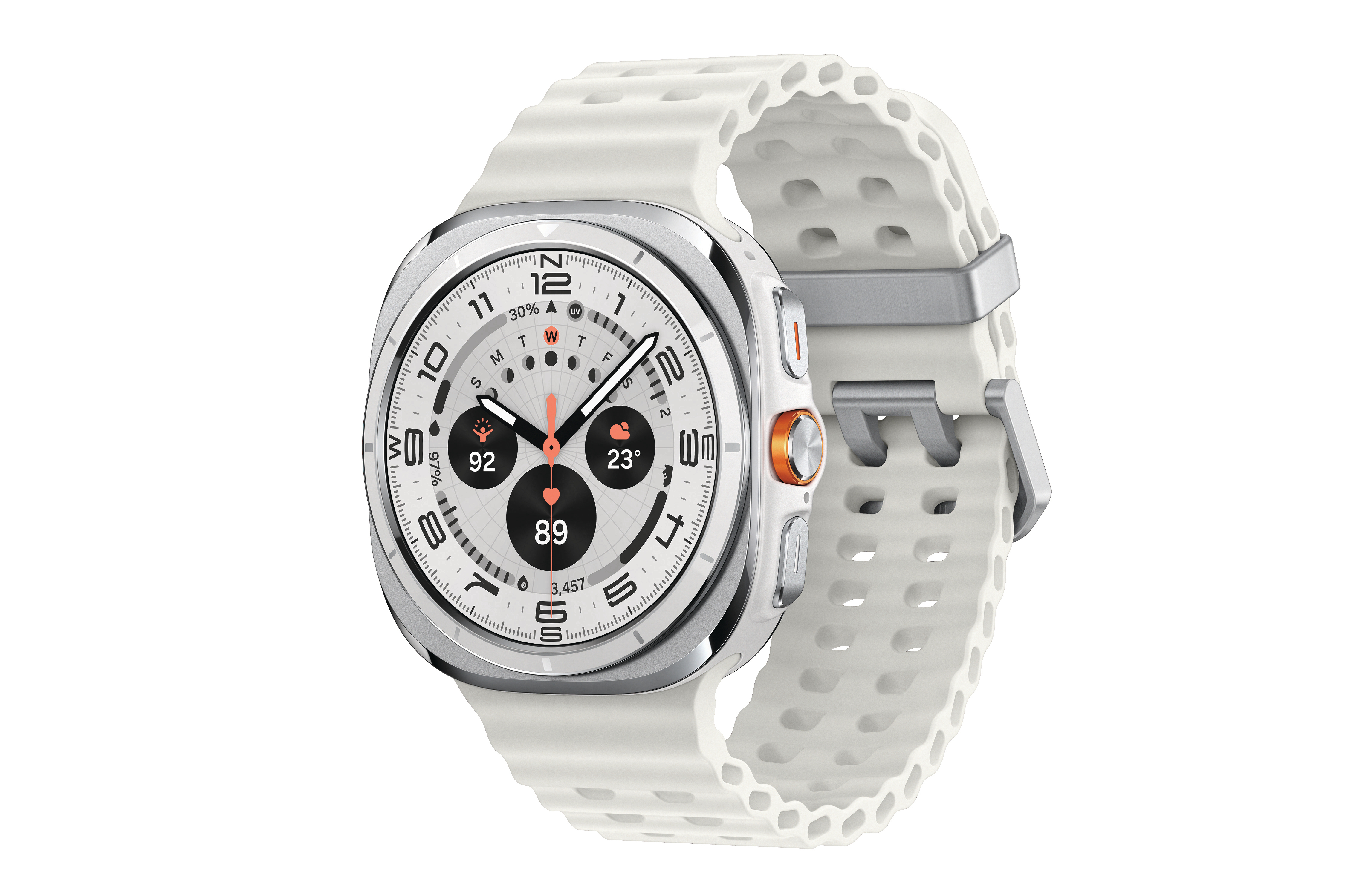 Silberne Smartwatch mit weißem Armband, schwarzem Zifferblatt und orangen Details.