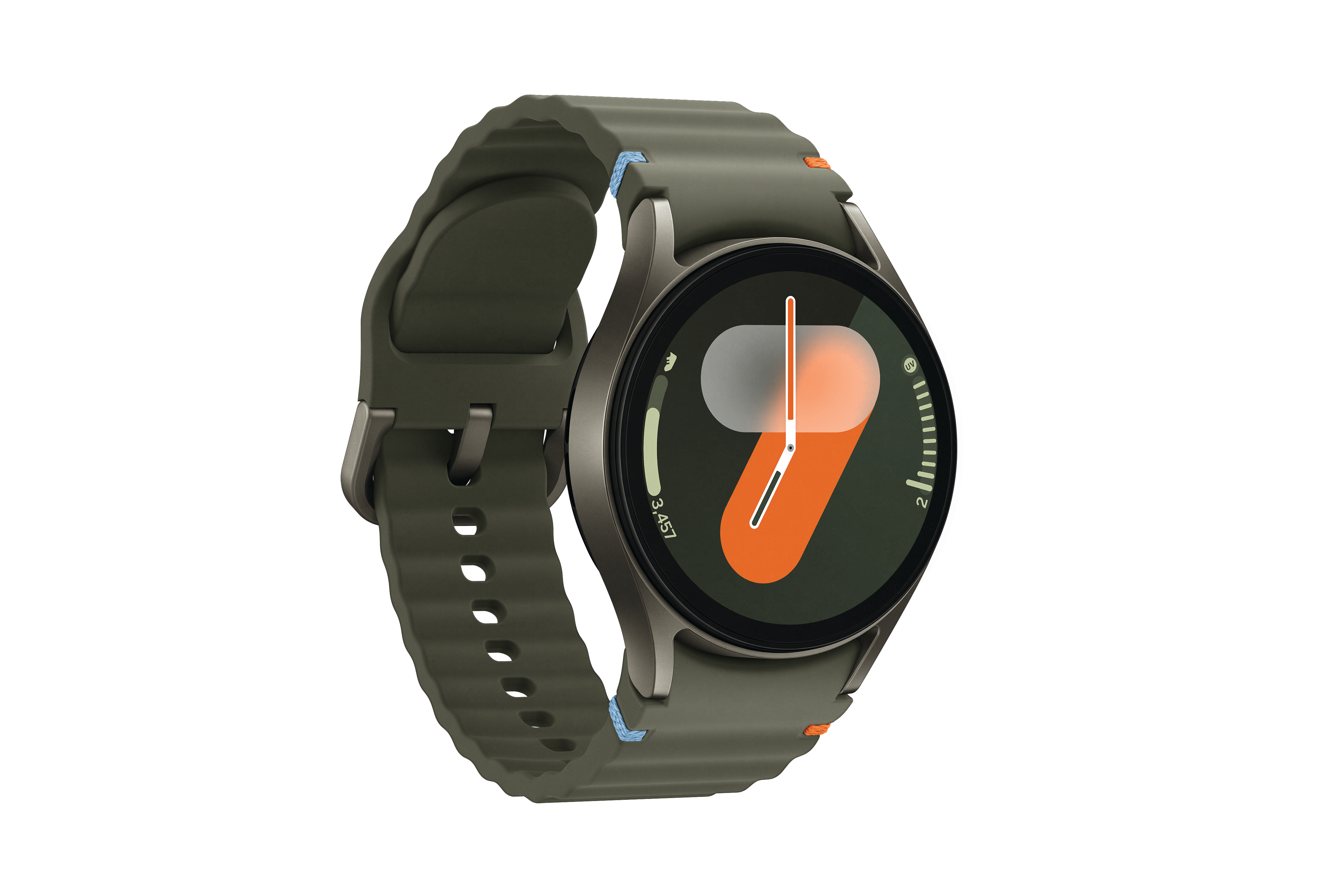 Olivgrüne Smartwatch auf Weiß. Das Display zeigt orange und weiße Details.