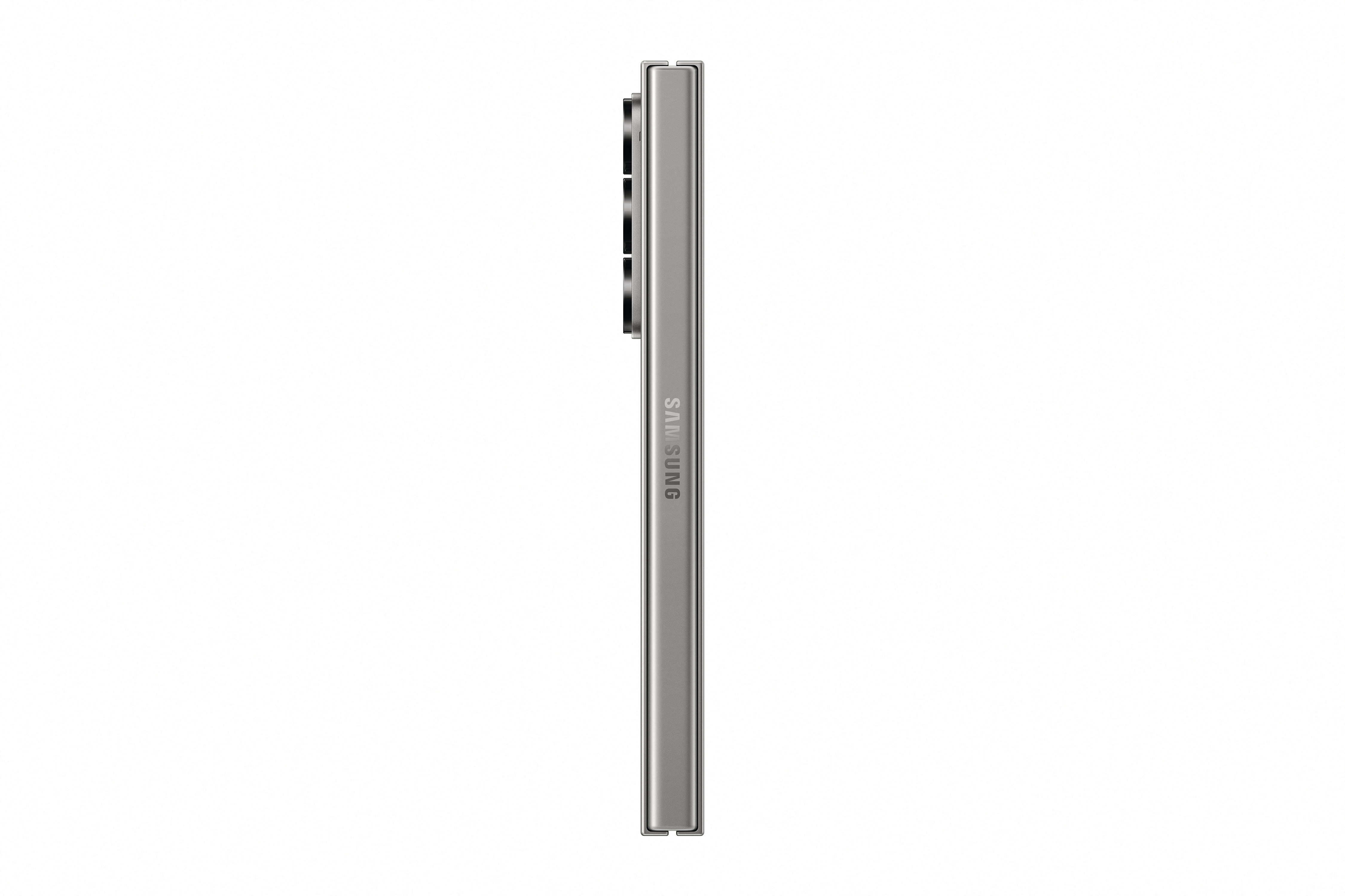 Silbernes Smartphone, Seitenansicht. Das Telefon ist dünn und hat ein schlankes Design.