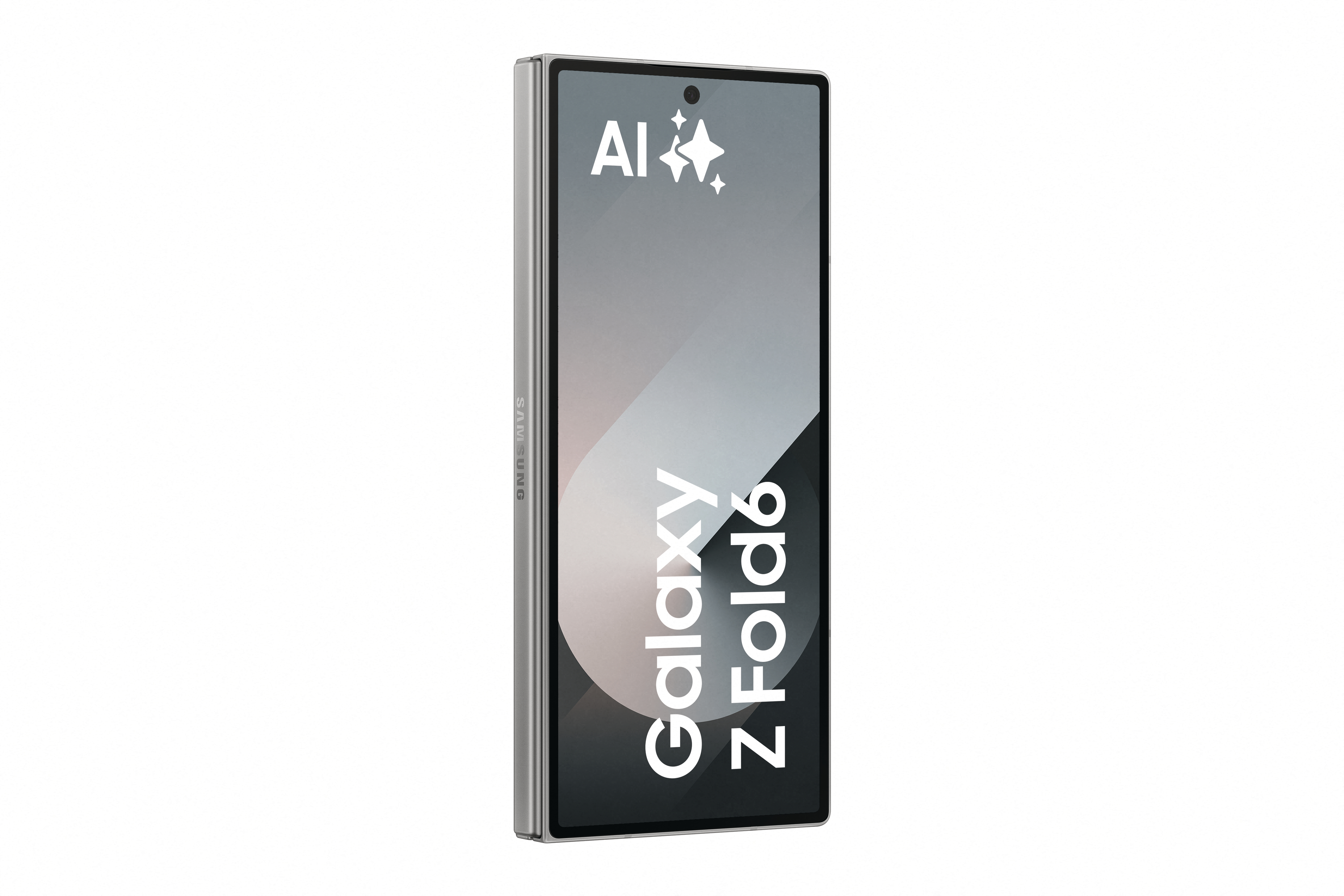 Silbernes Galaxy Z Fold6-Telefon, zusammengeklappt, mit dem Bildschirm nach vorne.